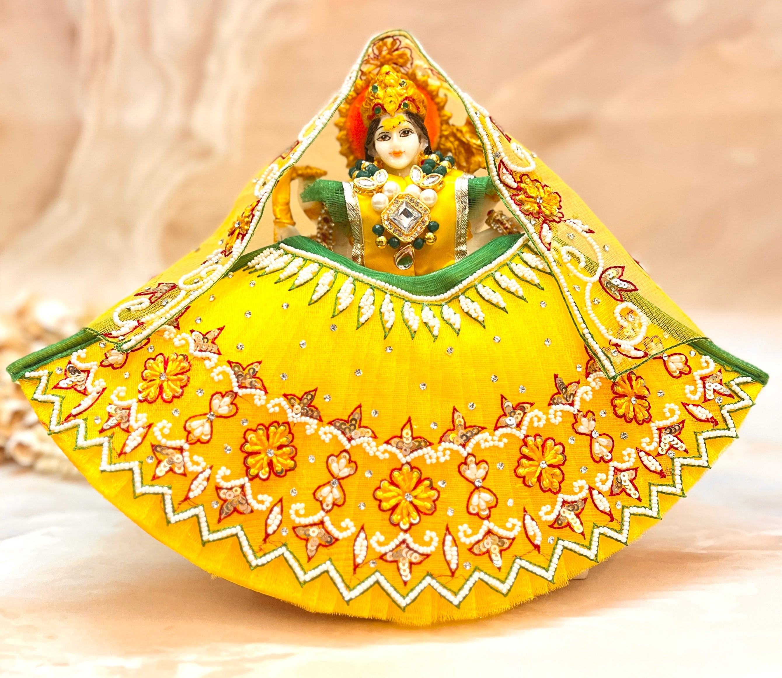 Handmade Luxe Yellow Pearl Lehenga Set for Laddu Gopal - Designer Choli & Dupatta | Perfect Kanha Ji Poshak for Janmashtami & Festivals