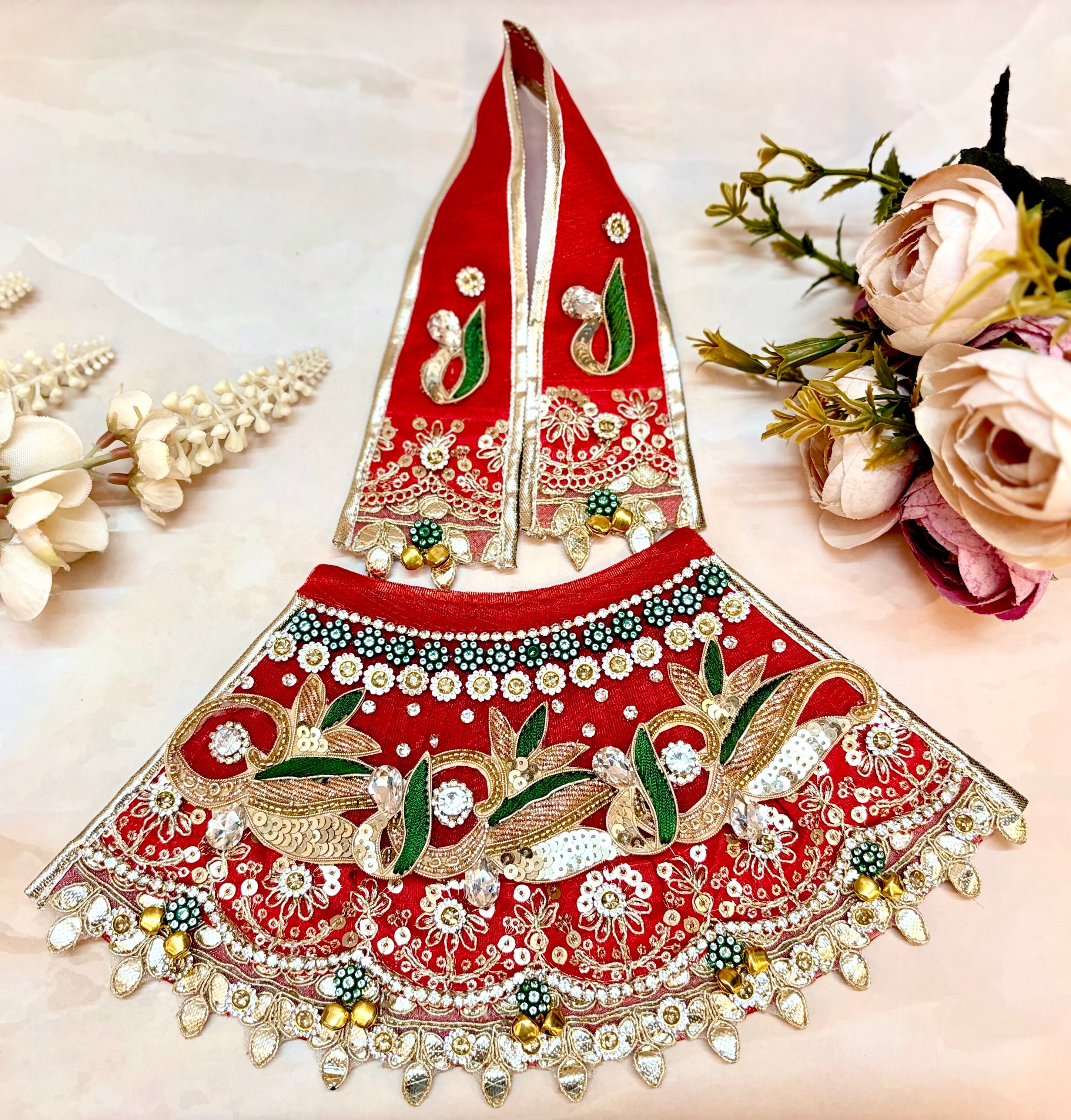 Designer Luxe Durga Maa Mahashakti Mata Rani Lehenga Set - 3 Piece Choli & Dupatta for Janmashtami | Perfect Laddu Gopal Dress, Kanha Ji Poshak & Bal Gopal Outfit