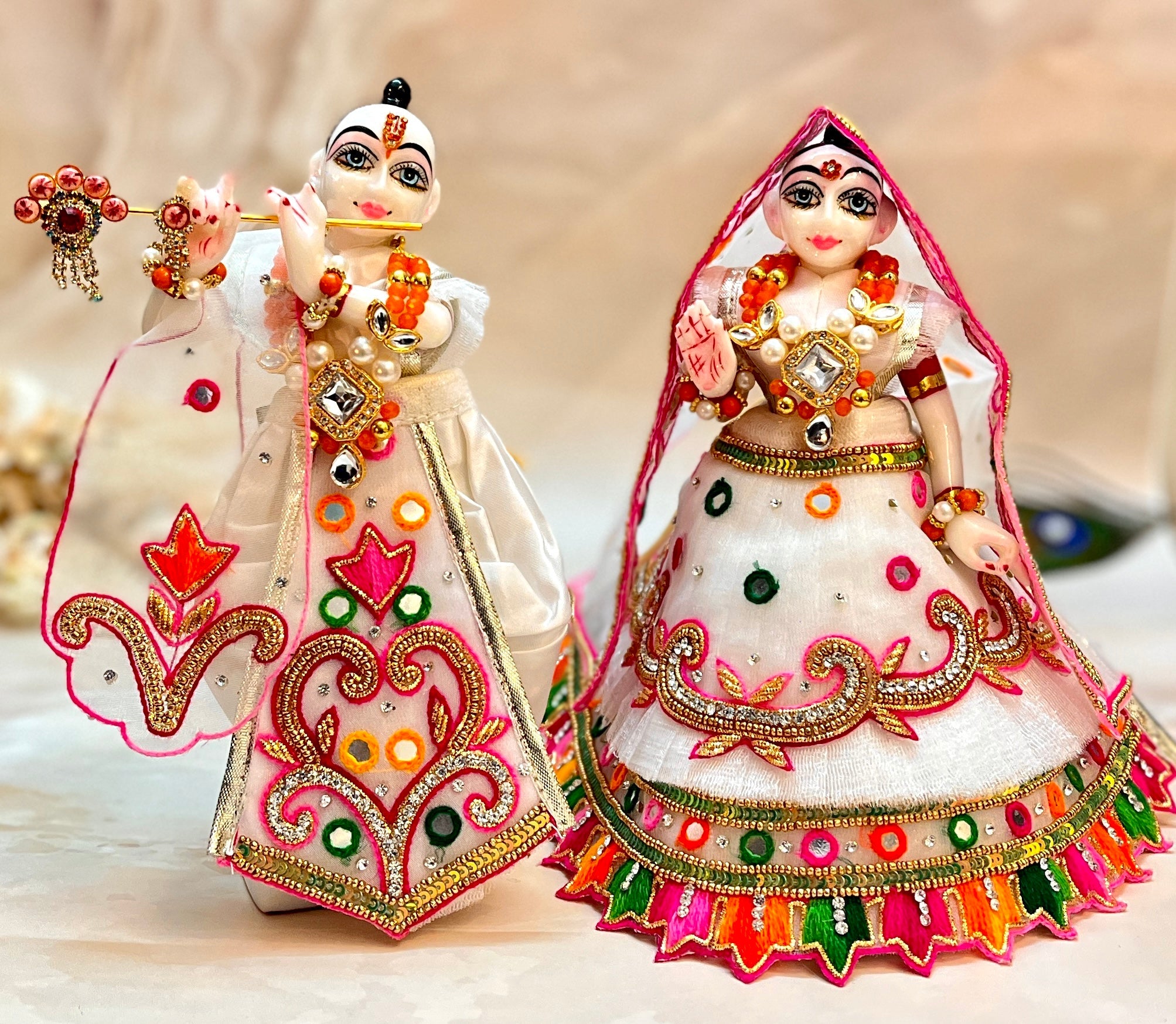 Handmade Holi Special Luxe Set - 6 Piece White Lehenga & Dhoti for Laddu Gopal, Kanha Ji, Bal Gopal & Krishna Ji - Designer Festival Dress for Janmashtami