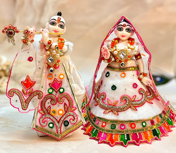 Handmade Holi Special Luxe Set - 6 Piece White Lehenga & Dhoti for Laddu Gopal, Kanha Ji, Bal Gopal & Krishna Ji - Designer Festival Dress for Janmashtami