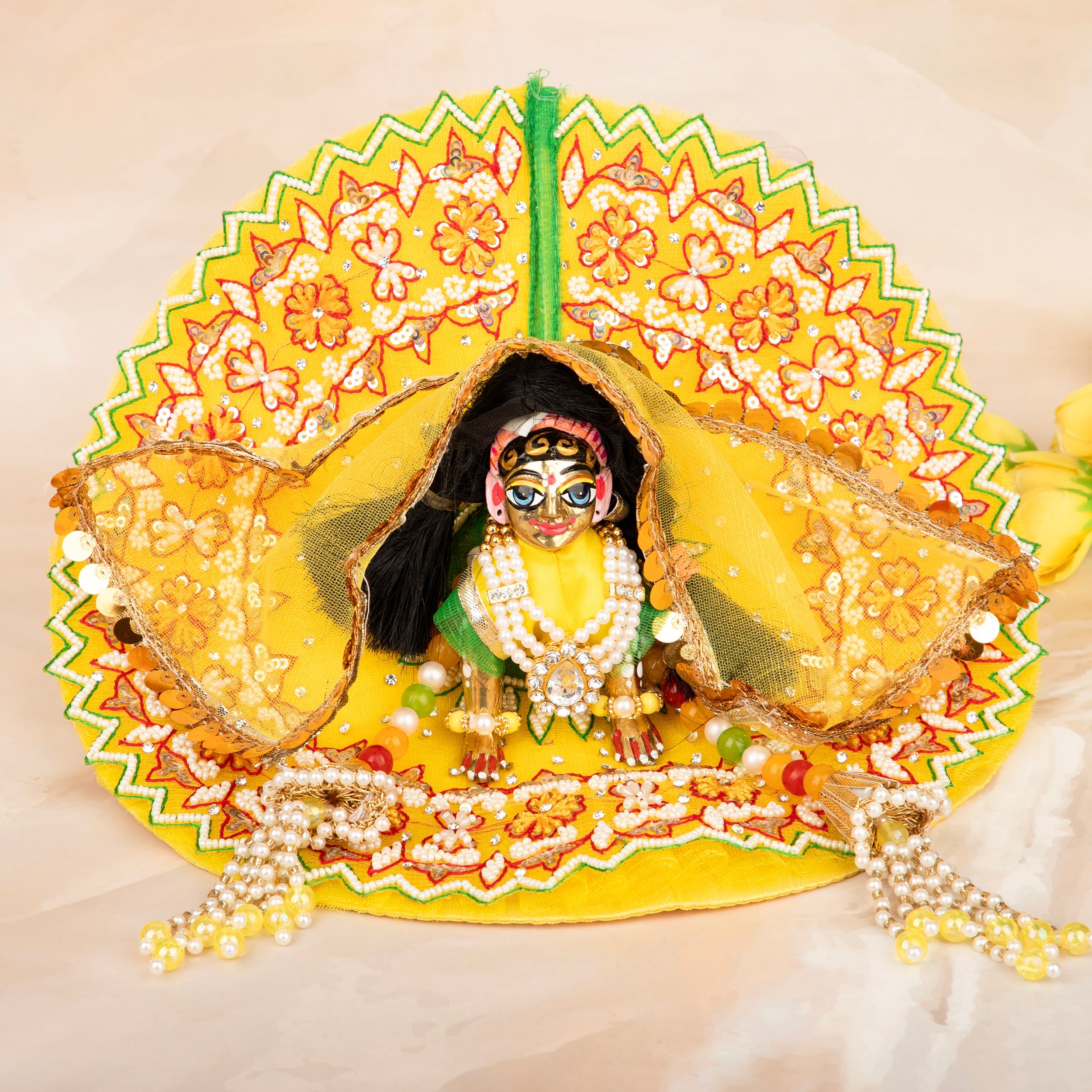 Handmade Luxe Yellow Pearl Hand Embroidered Radha Rani Dress Set - Designer Laddu Gopal Poshak for Janmashtami, Bal Gopal & Kanha Ji