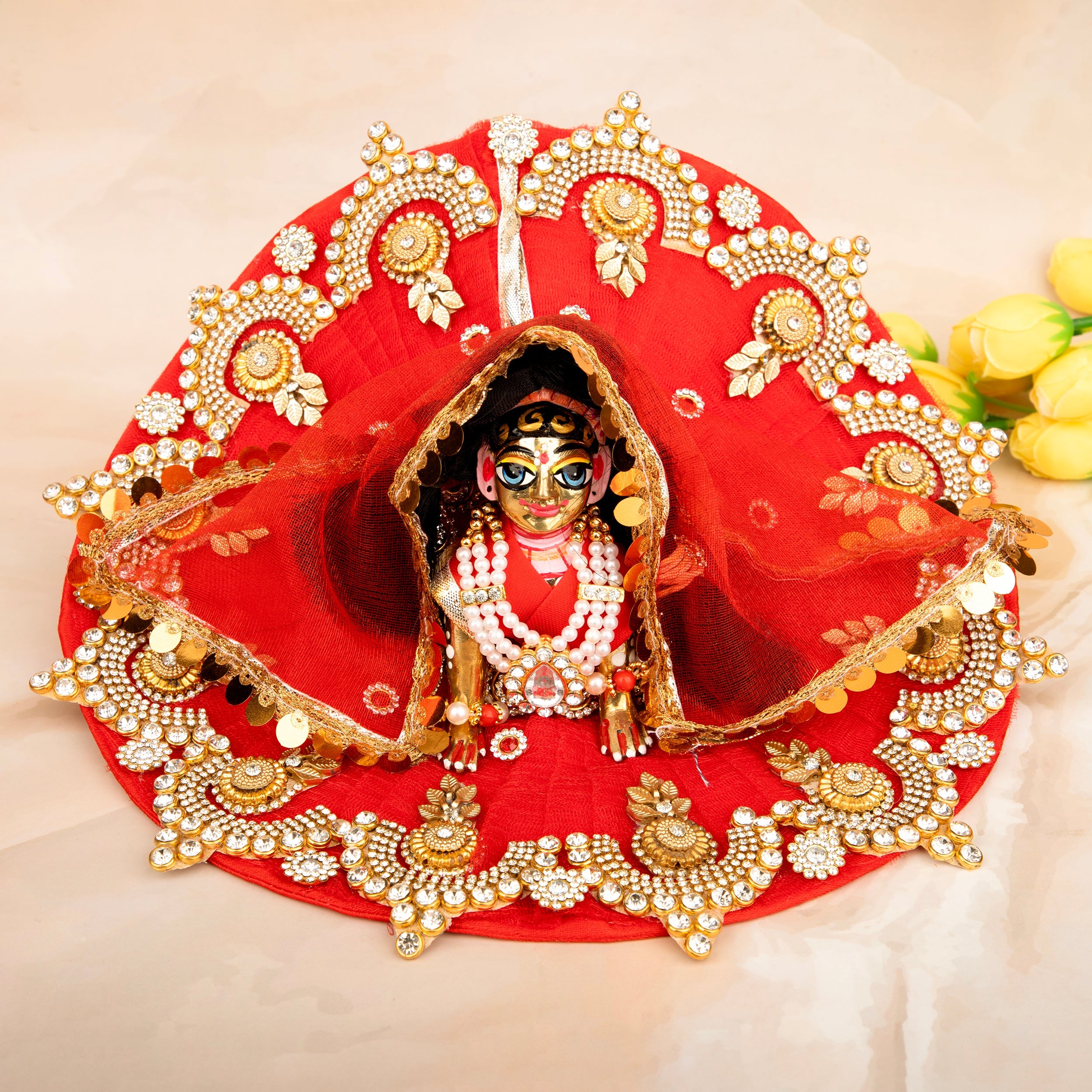 Handmade Red Jarkan Radha Rani Dress Set - 4 Piece Designer Laddu Gopal Dress for Janmashtami, Kanha Ji Poshak, Bal Gopal & Krishna Ji Dress
