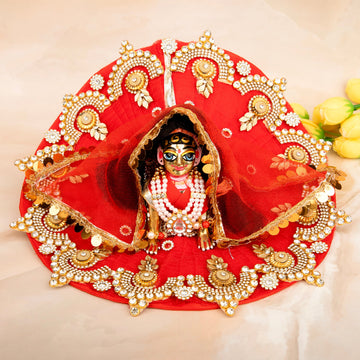 Handmade Red Jarkan Radha Rani Dress Set - 4 Piece Designer Laddu Gopal Dress for Janmashtami, Kanha Ji Poshak, Bal Gopal & Krishna Ji Dress