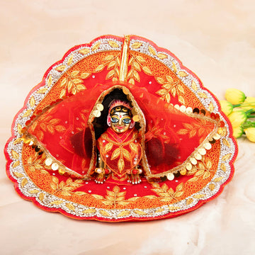 Handmade Luxe Golden Red Leaf Radha Rani Dress Set - 5 Piece Designer Laddu Gopal Poshak for Janmashtami, Kanha Ji & Bal Gopal Celebrations