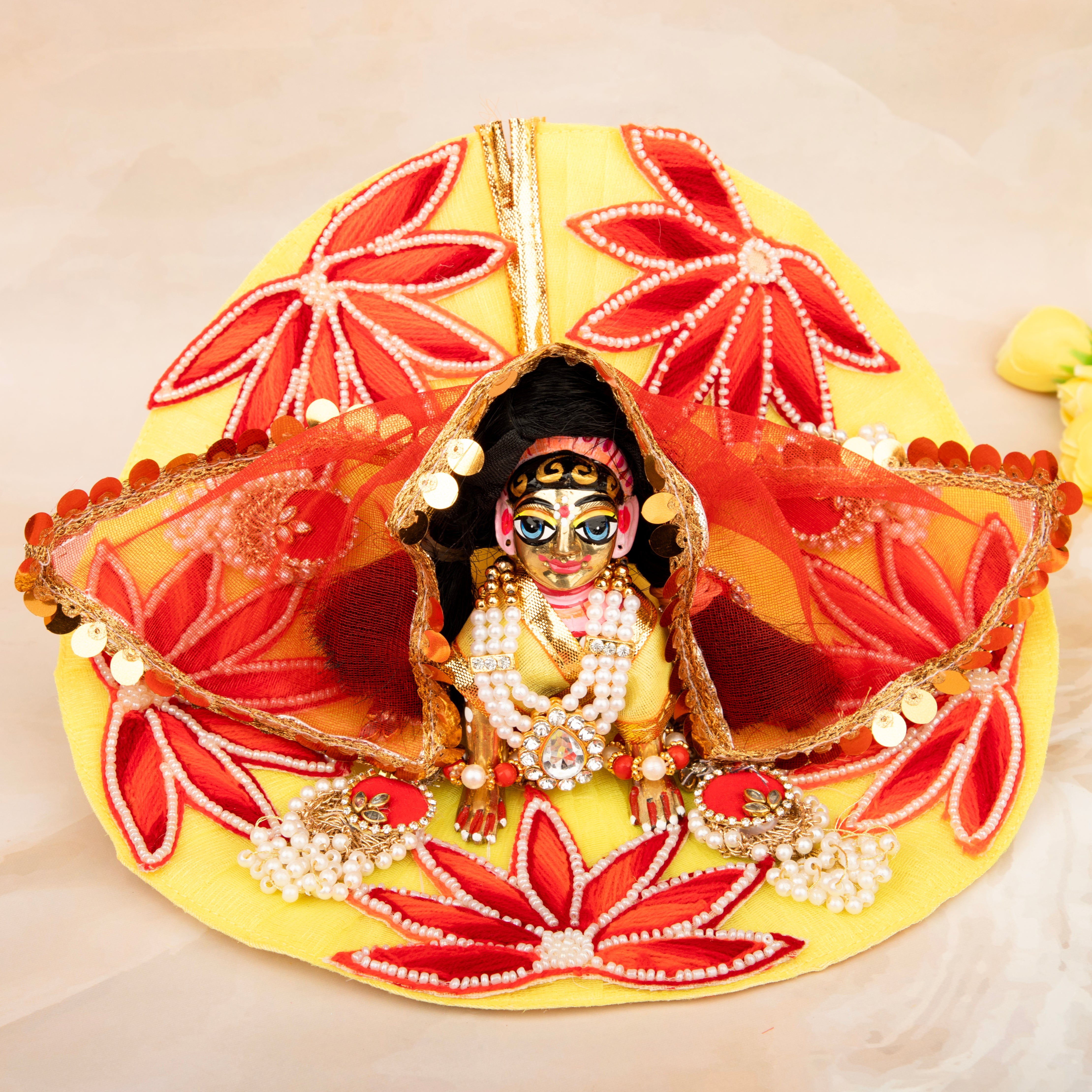 Handmade Red Lotus Radha Rani Dress - Designer Laddu Gopal Poshak, Fancy Kanha Ji Dress for Janmashtami, Bal Gopal & Krishna Ji Celebrations
