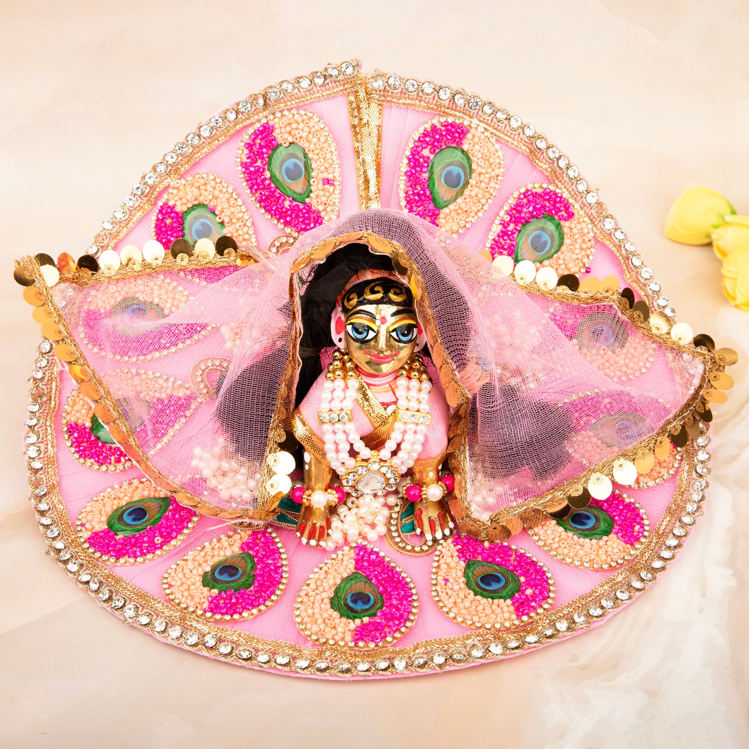 Handmade Pink Radha Rani Dress - Designer Laddu Gopal Poshak for Janmashtami, Fancy Kanha Ji Dress, Bal Gopal & Krishna Ji Outfit