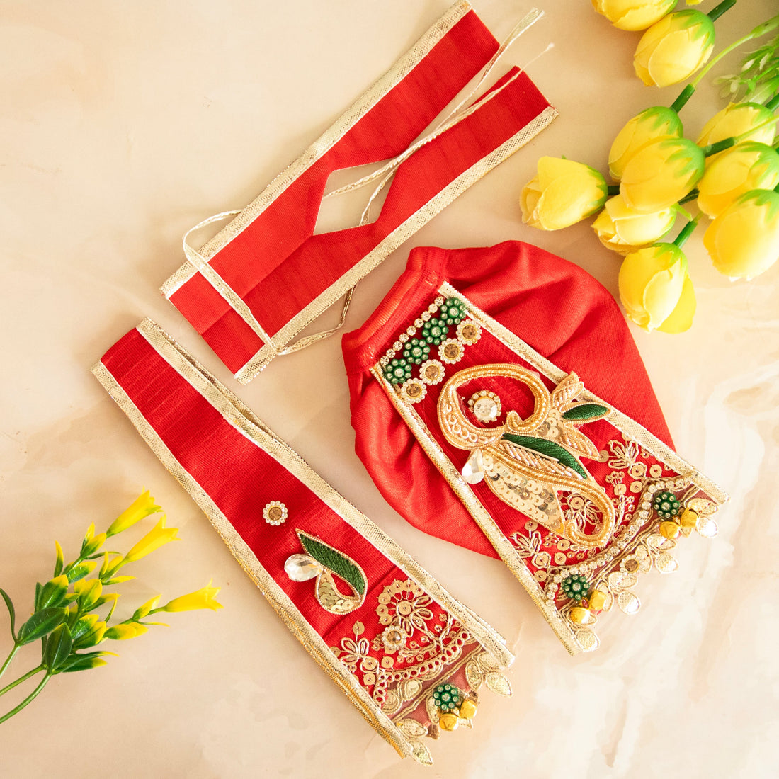 RK Set: Handmade 6-Piece Designer Dress for Laddu Gopal, Kanha Ji, and Bal Gopal - Fancy Poshak for Janmashtami Festival