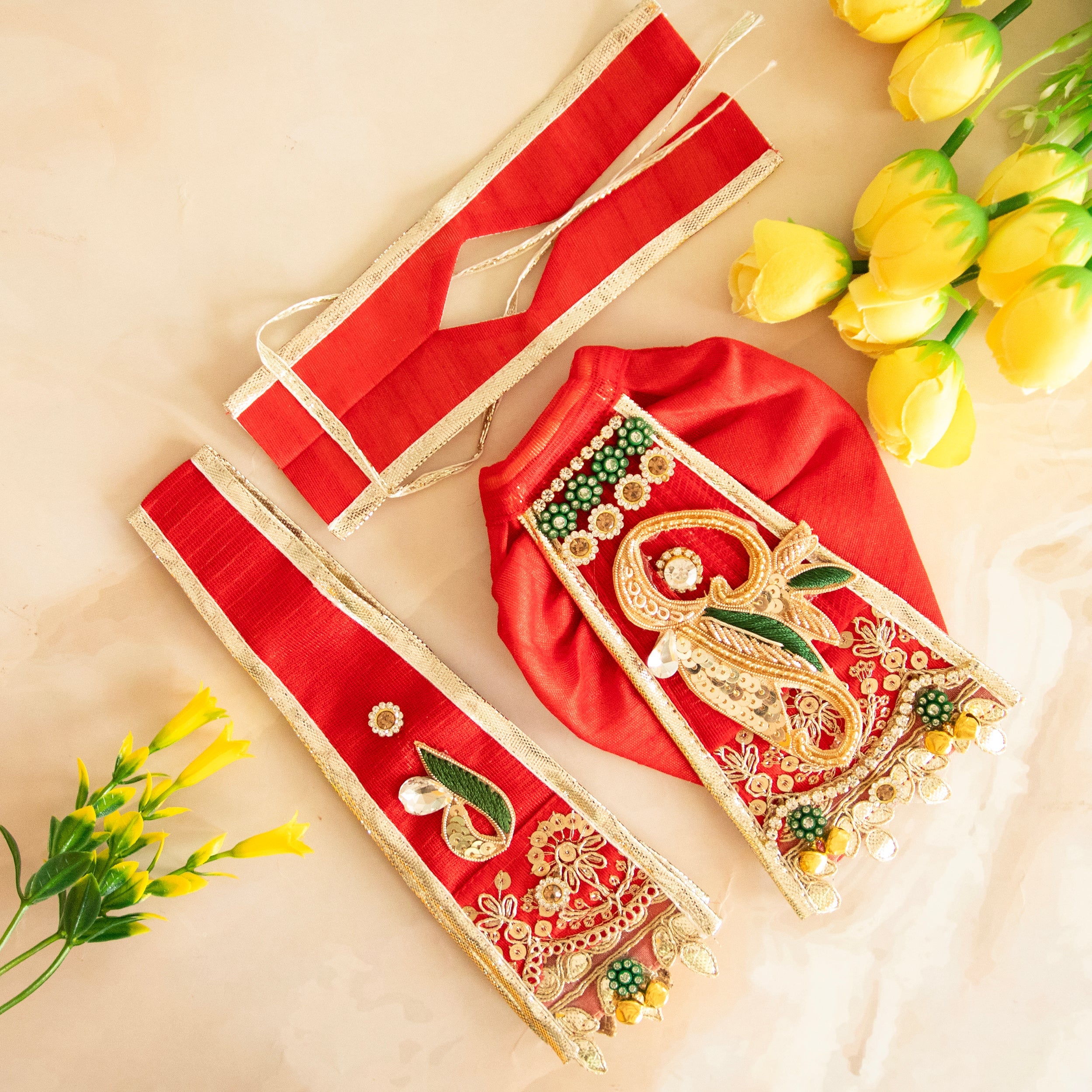 RK Set: Handmade 6-Piece Designer Dress for Laddu Gopal, Kanha Ji, and Bal Gopal - Fancy Poshak for Janmashtami Festival
