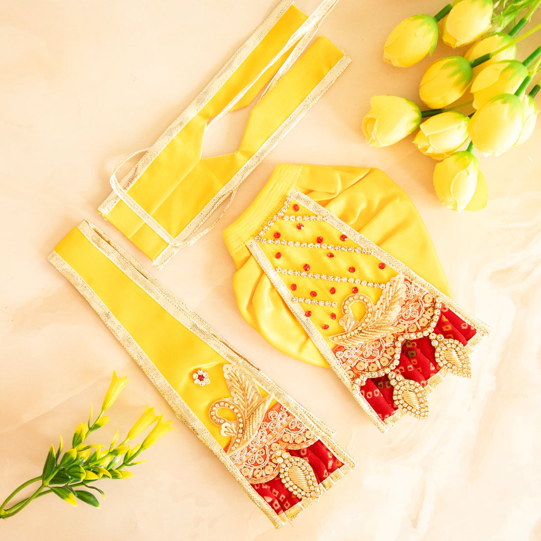 RK Set: Handmade 6-Piece Designer Pitambara Vastra for Laxmi Ji & Ganesh Ji | Perfect for Janmashtami | Laddu Gopal Dress, Kanha Ji Poshak, Bal Gopal Dress