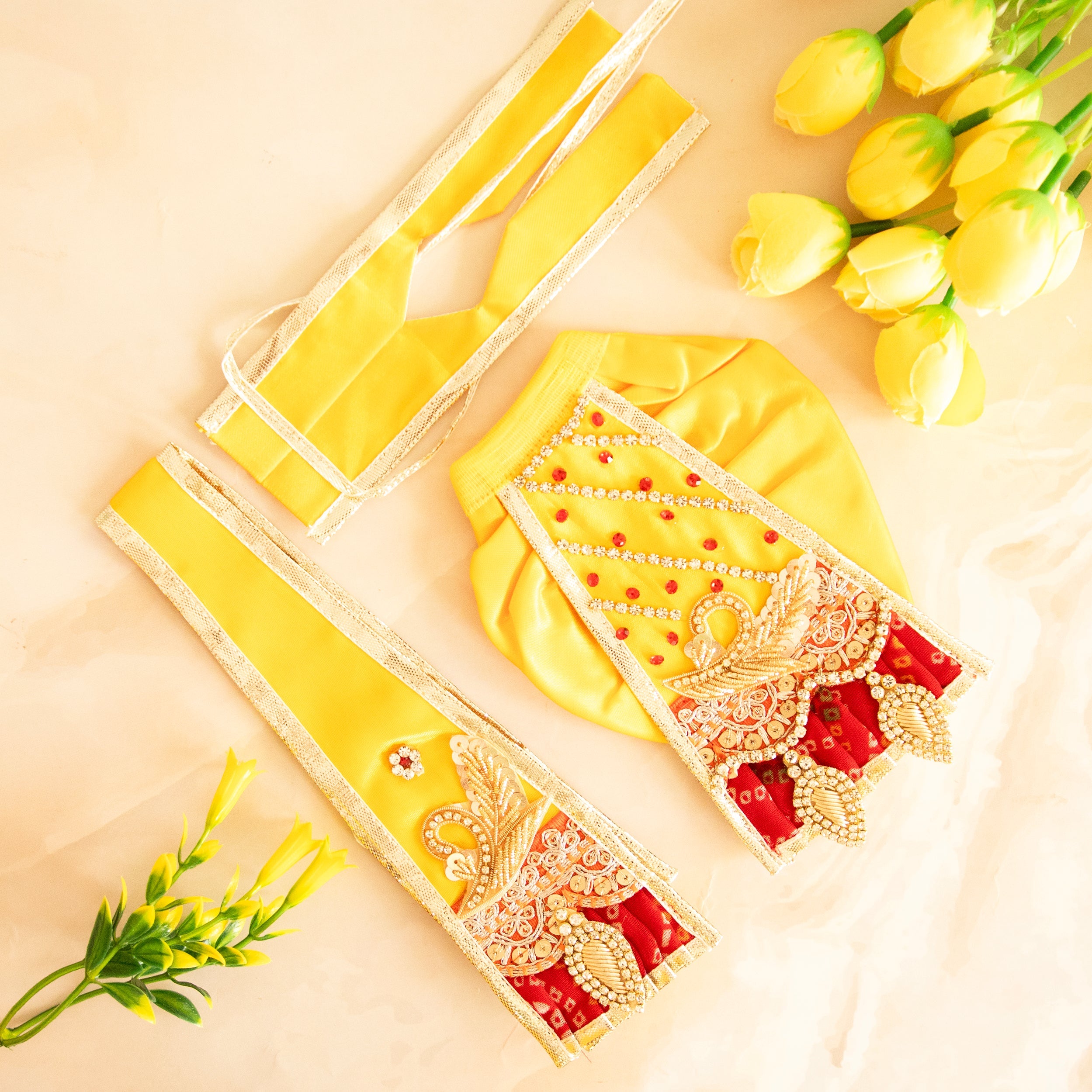 RK Set: Handmade 6-Piece Designer Pitambara Vastra for Laxmi Ji & Ganesh Ji | Perfect for Janmashtami | Laddu Gopal Dress, Kanha Ji Poshak, Bal Gopal Dress