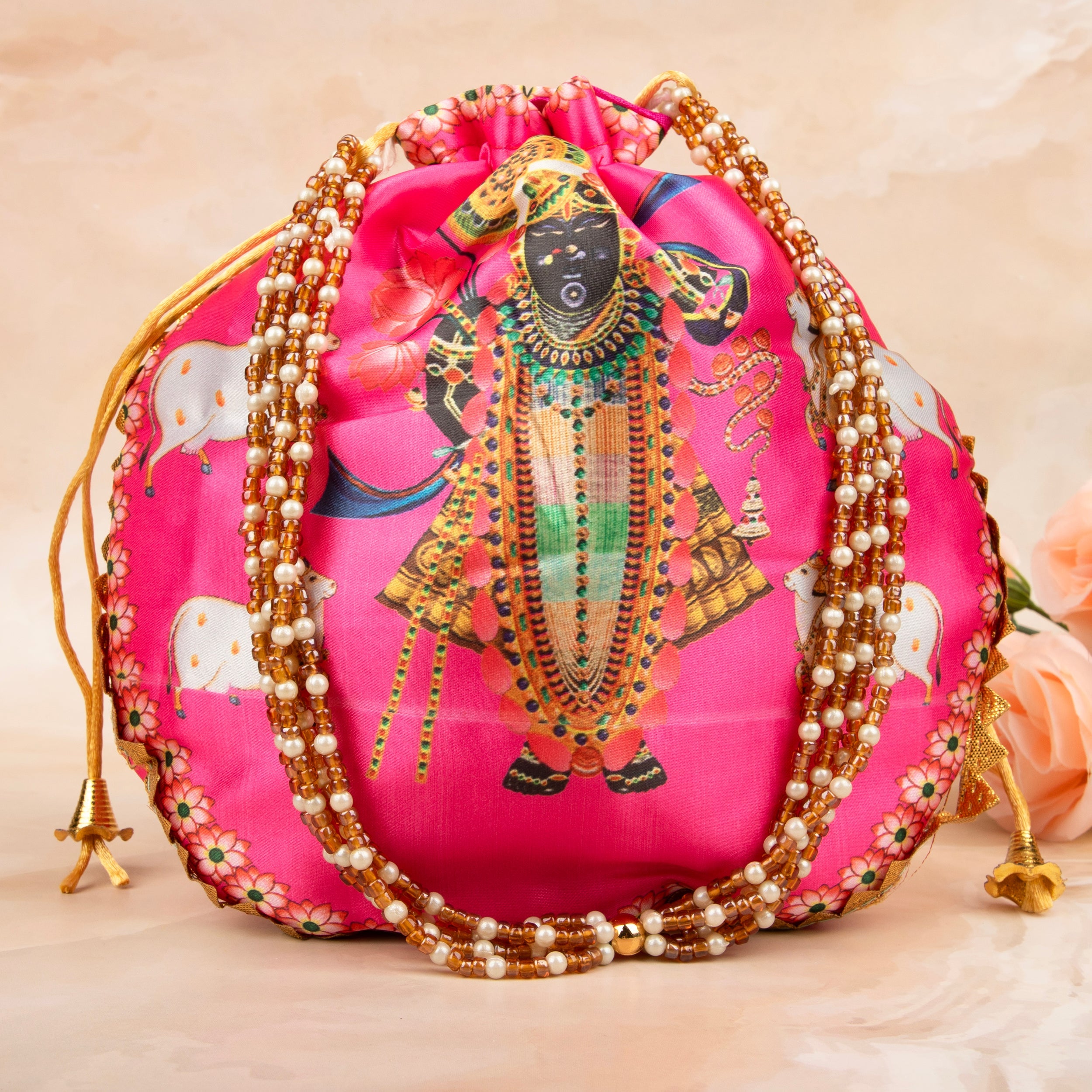 Handmade Pink Premium Cow Shreenath Ji Potli with Pearl Handle - Designer Laddu Gopal Dress, Kanha Ji Poshak for Janmashtami Festival