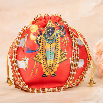 Light Red Handmade Premium Cow Shreenath Ji Potli with Pearl Handle - Designer Laddu Gopal Dress, Kanha Ji Poshak for Janmashtami Festival