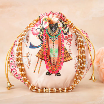 Handmade Pastel Pink Premium Cow Shreenath Ji Potli with Pearl Handle - Designer Laddu Gopal Dress, Kanha Ji Poshak for Janmashtami & Festivals