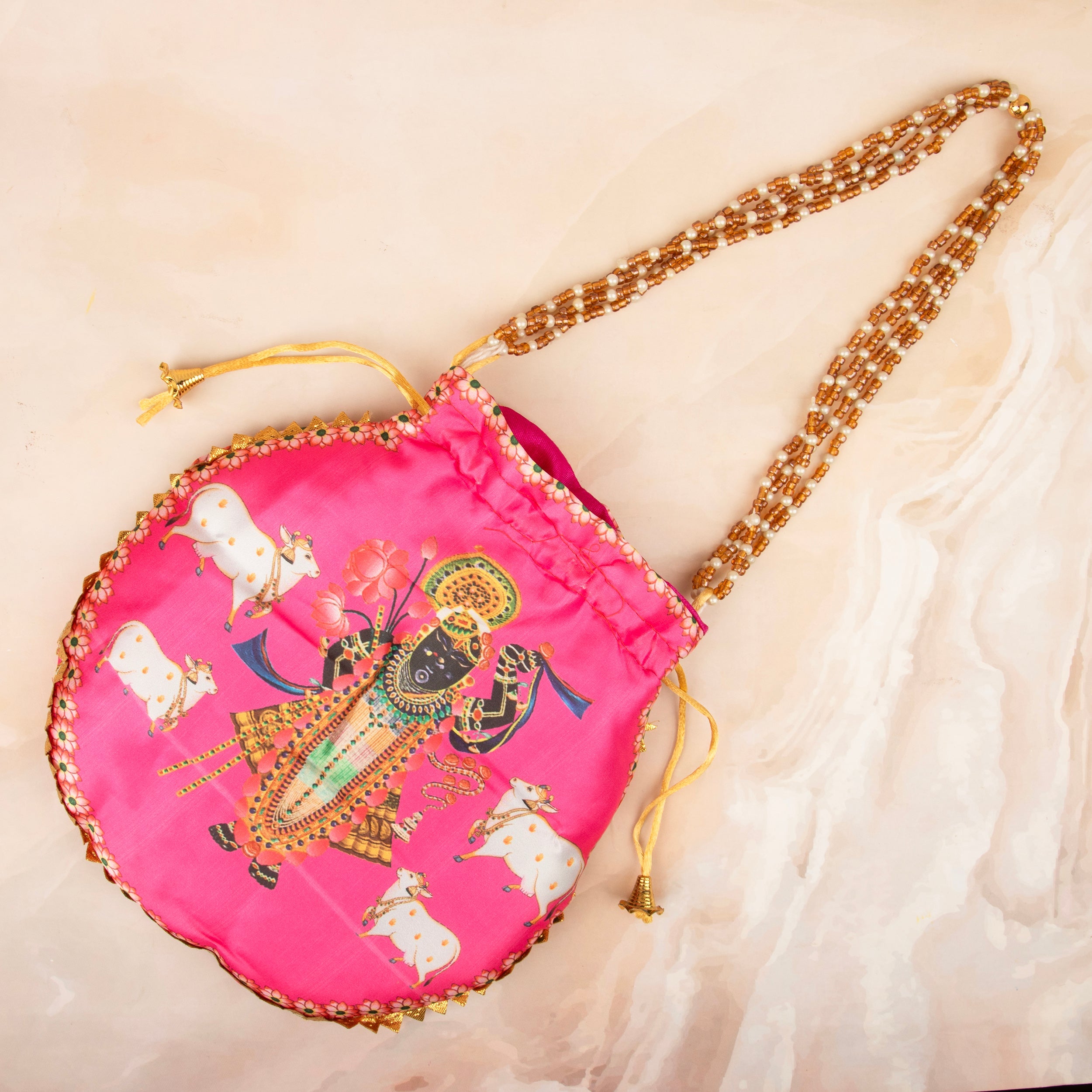 Handmade Pink Premium Cow Shreenath Ji Potli with Pearl Handle - Designer Laddu Gopal Dress, Kanha Ji Poshak for Janmashtami Festival
