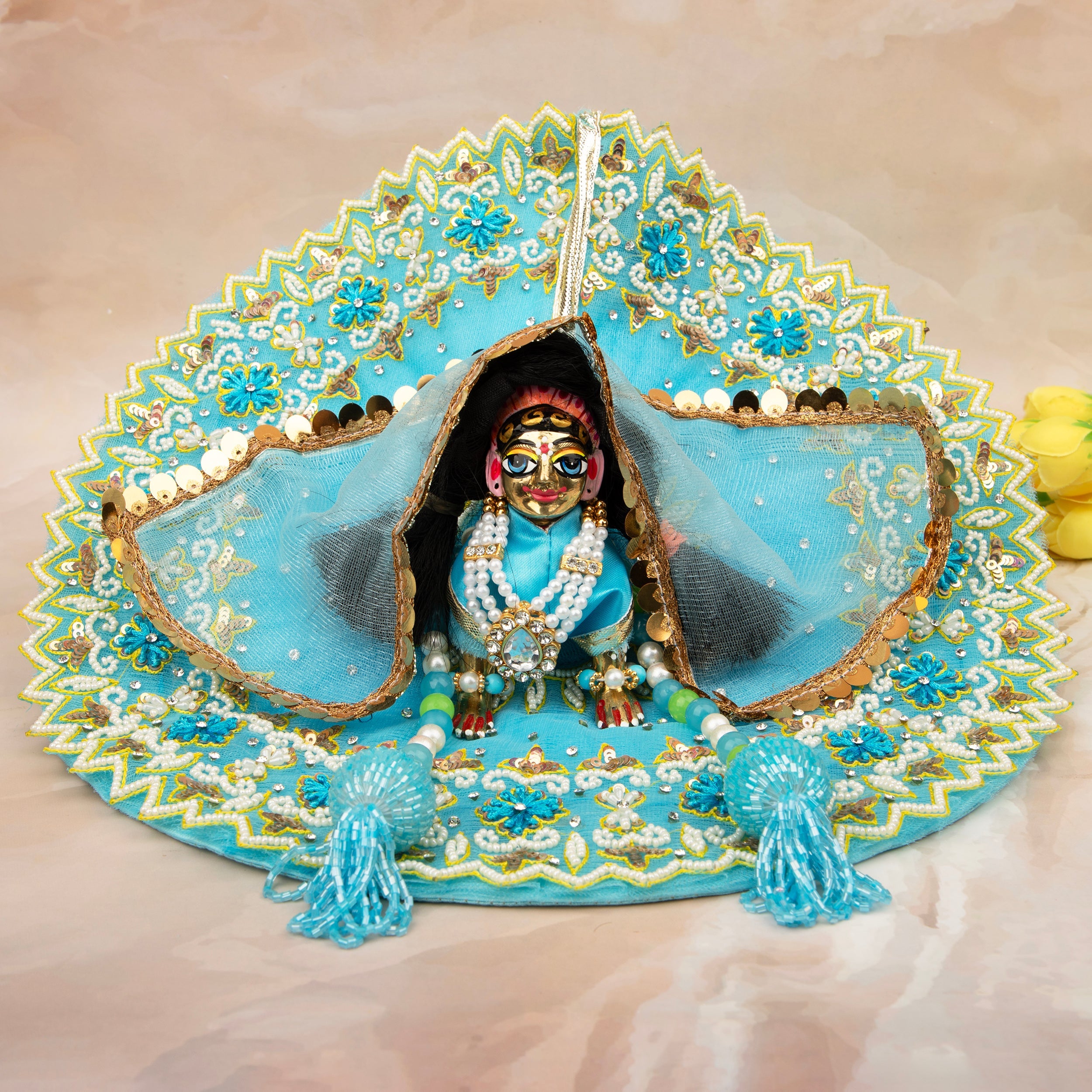 Handmade Sky Blue Pearl Hand Embroidered Radha Rani Dress Set - Designer Laddu Gopal Poshak for Janmashtami, Bal Gopal & Kanha Ji Dress