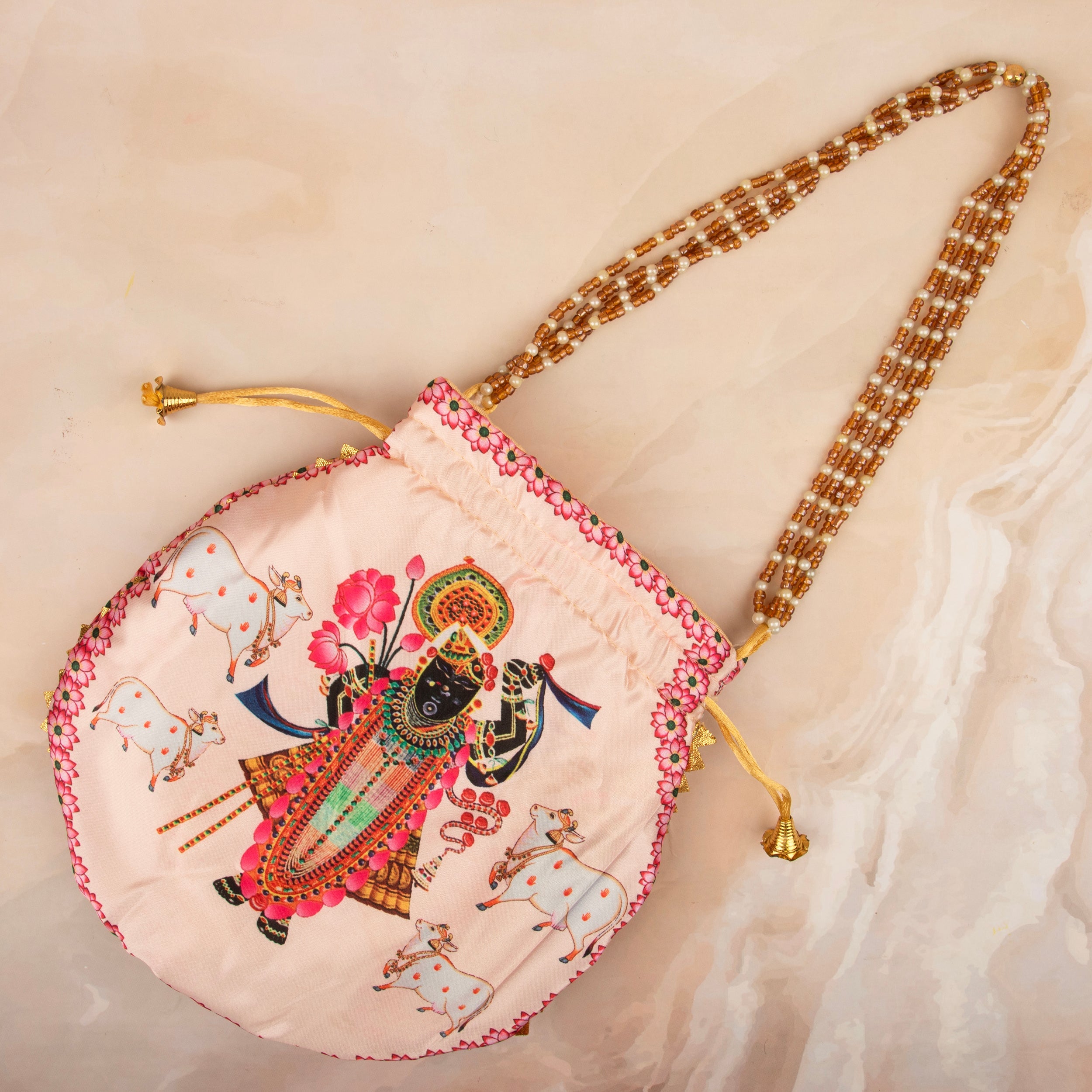 Handmade Pastel Pink Premium Cow Shreenath Ji Potli with Pearl Handle - Designer Laddu Gopal Dress, Kanha Ji Poshak for Janmashtami & Festivals