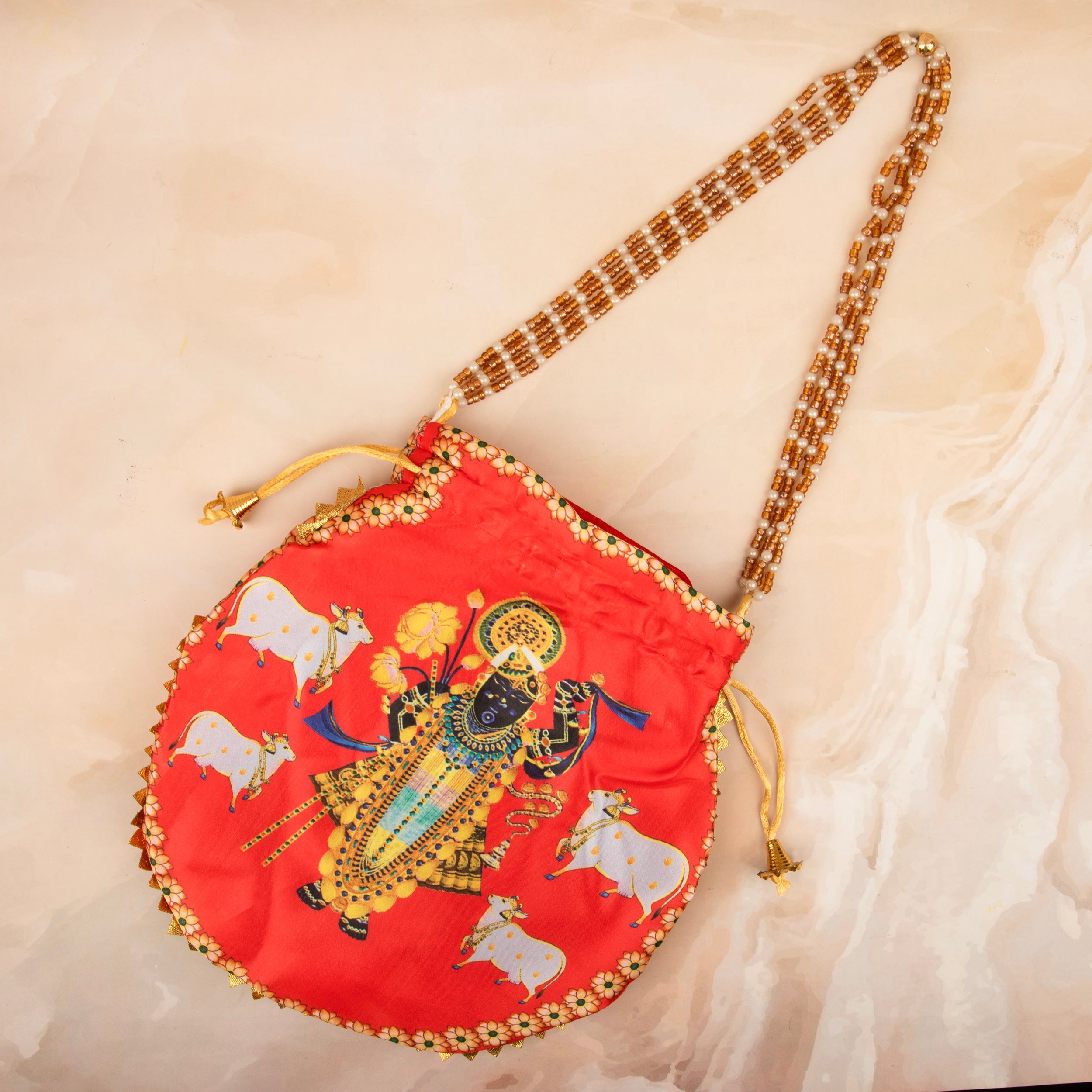 Light Red Handmade Premium Cow Shreenath Ji Potli with Pearl Handle - Designer Laddu Gopal Dress, Kanha Ji Poshak for Janmashtami Festival