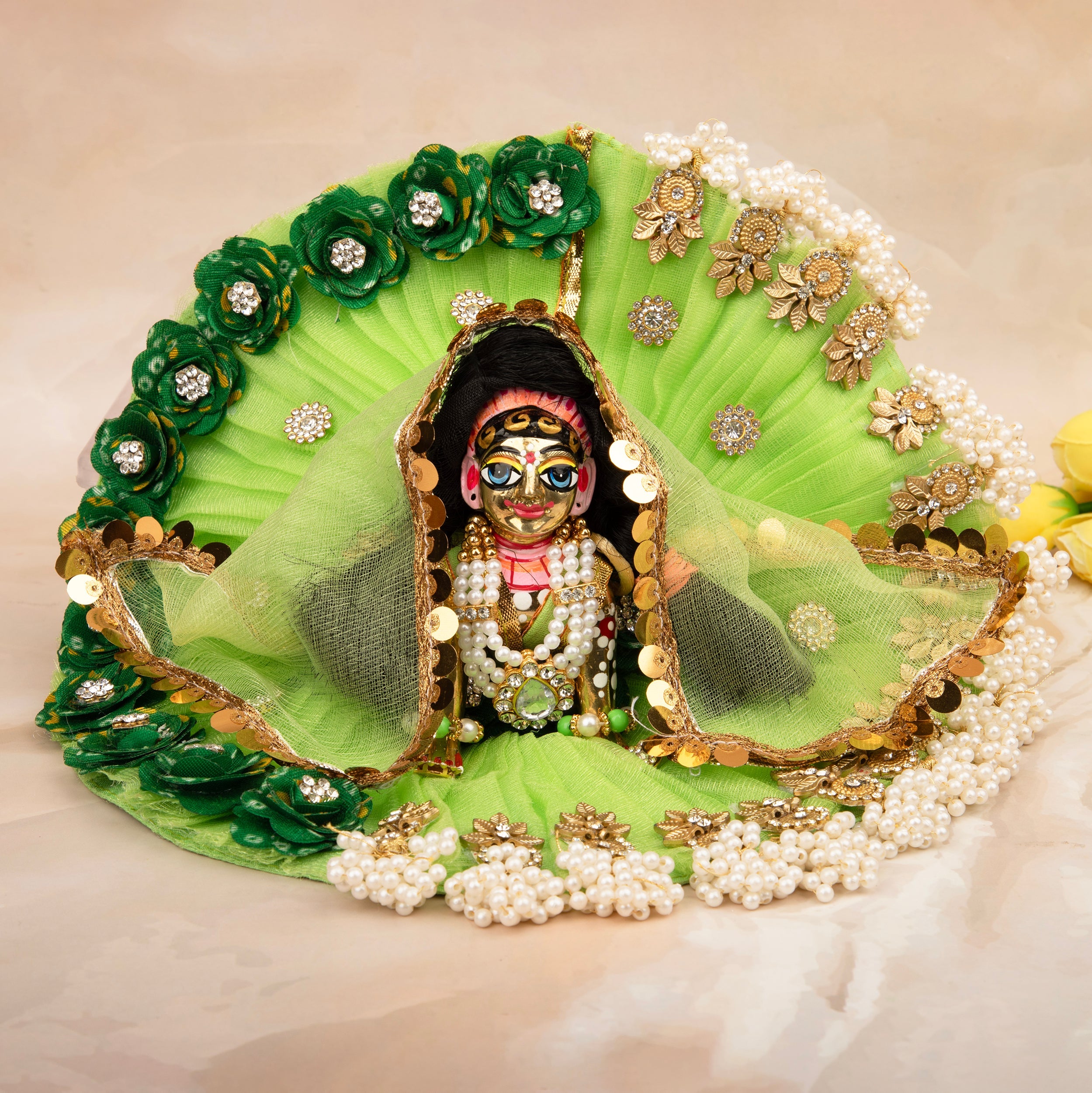 Handmade Green Motif Radha Rani Dress with Pearls | Designer Laddu Gopal Dress, Kanha Ji Poshak for Janmashtami & Festivals