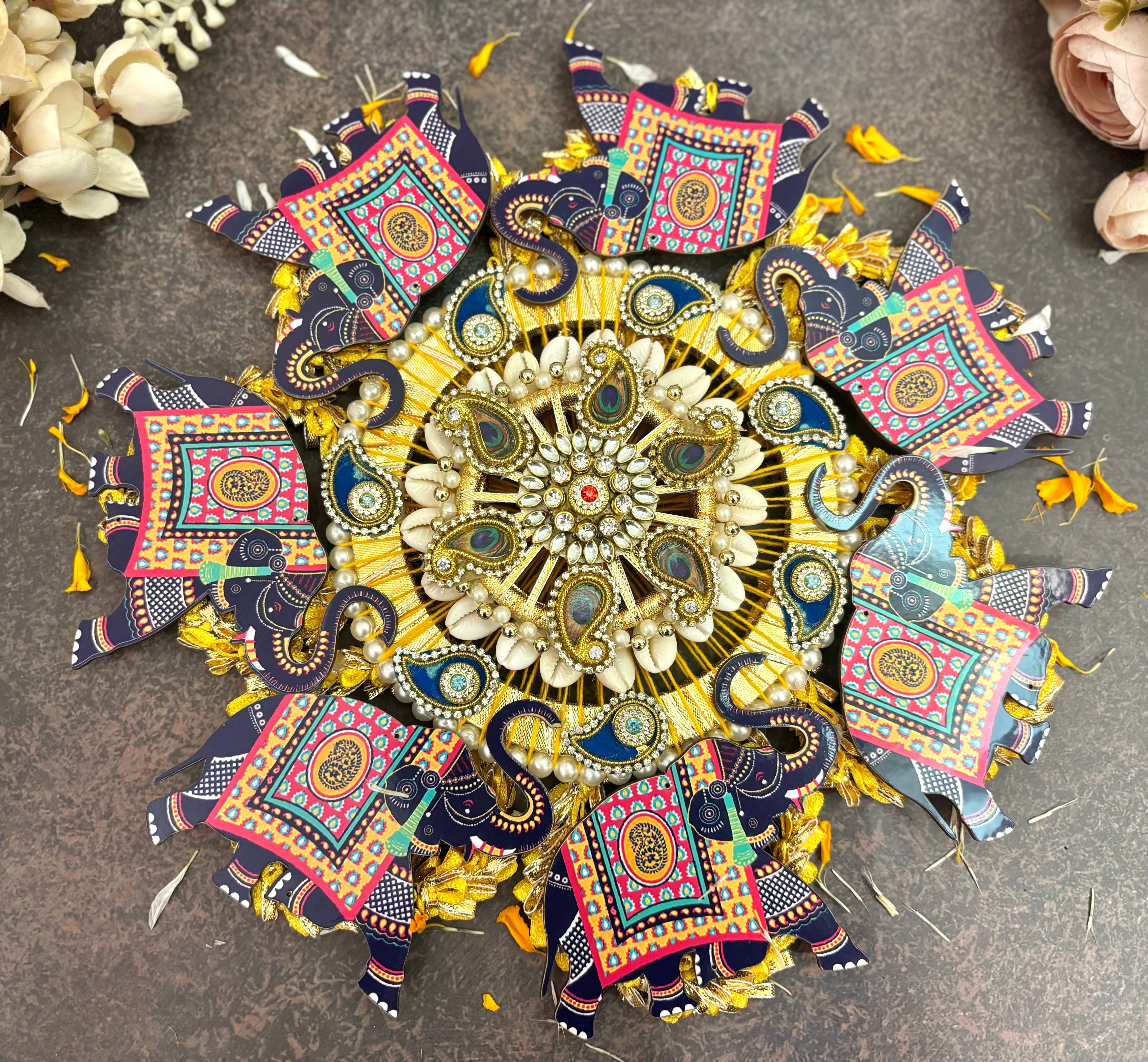 Handmade Maharaja Elephant Rangoli Centre Decor Piece - Perfect for Janmashtami & Festivals | Designer Laddu Gopal Dress, Kanha Ji Poshak, Bal Gopal Dress