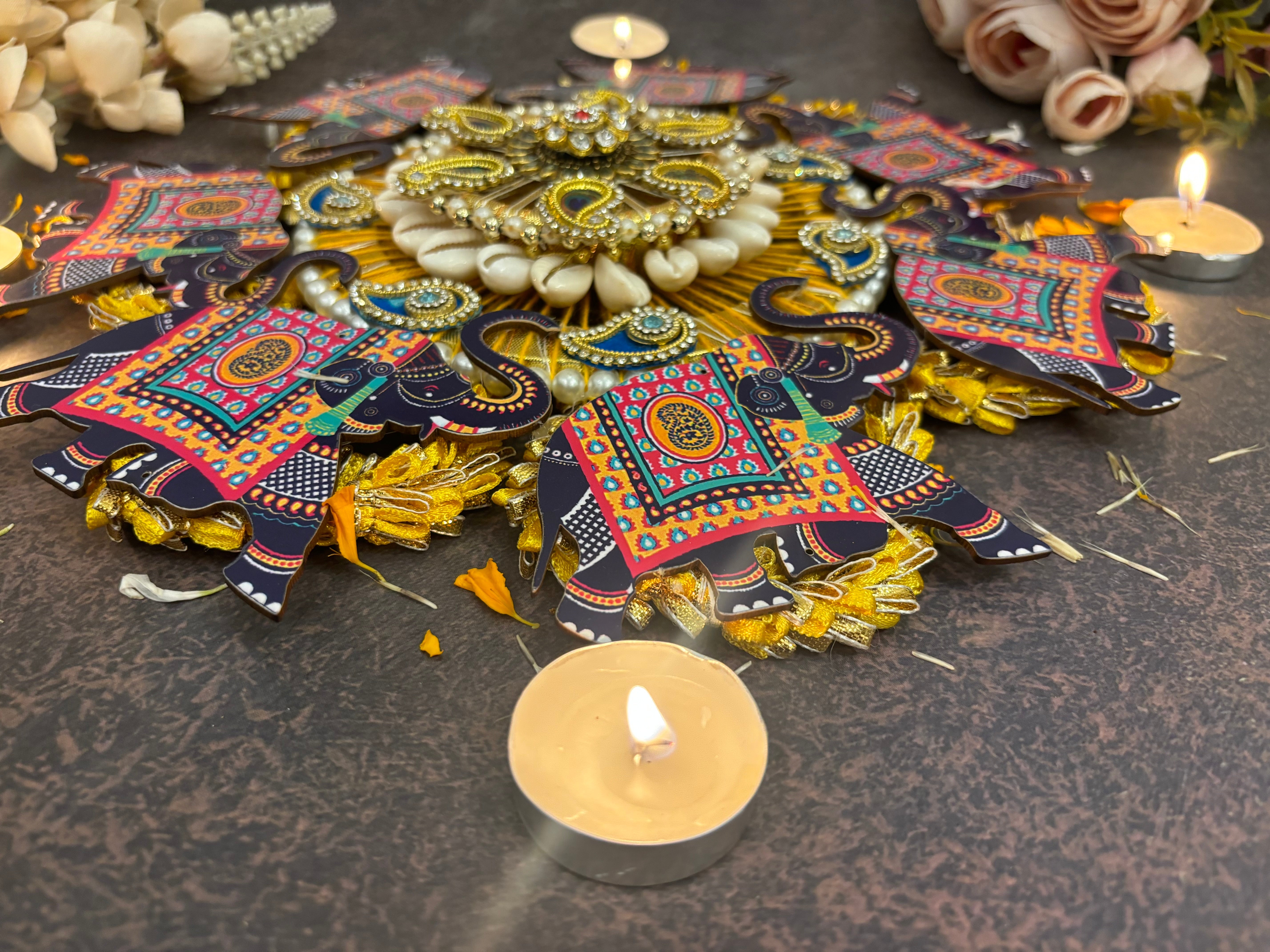 Handmade Maharaja Elephant Rangoli Centre Decor Piece - Perfect for Janmashtami & Festivals | Designer Laddu Gopal Dress, Kanha Ji Poshak, Bal Gopal Dress