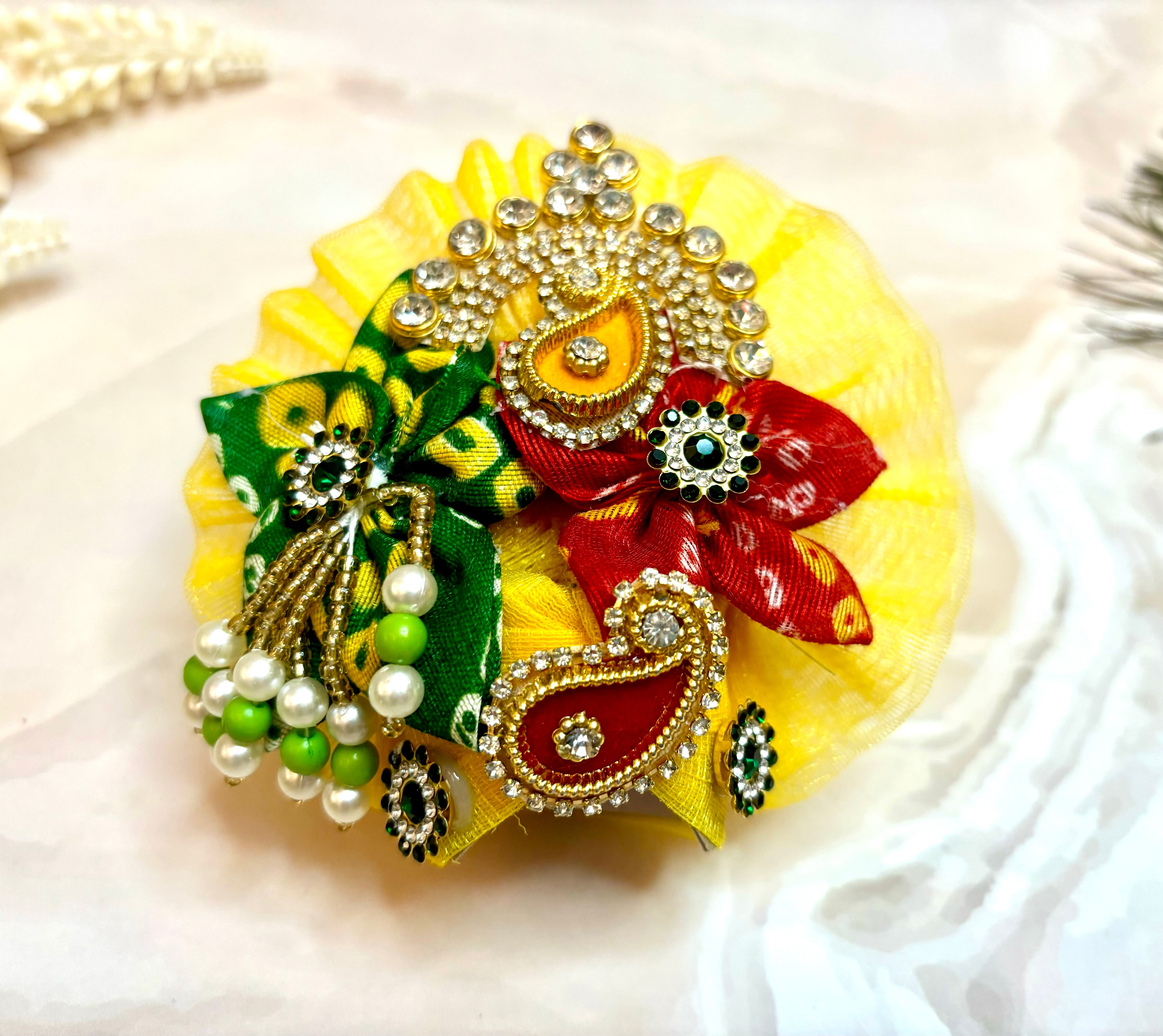 Handmade Yellow & Red Bandhej Laddu Gopal Dress Set - 4 Piece Designer Poshak for Kanha Ji, Bal Gopal & Krishna Ji - Perfect for Janmashtami Festival