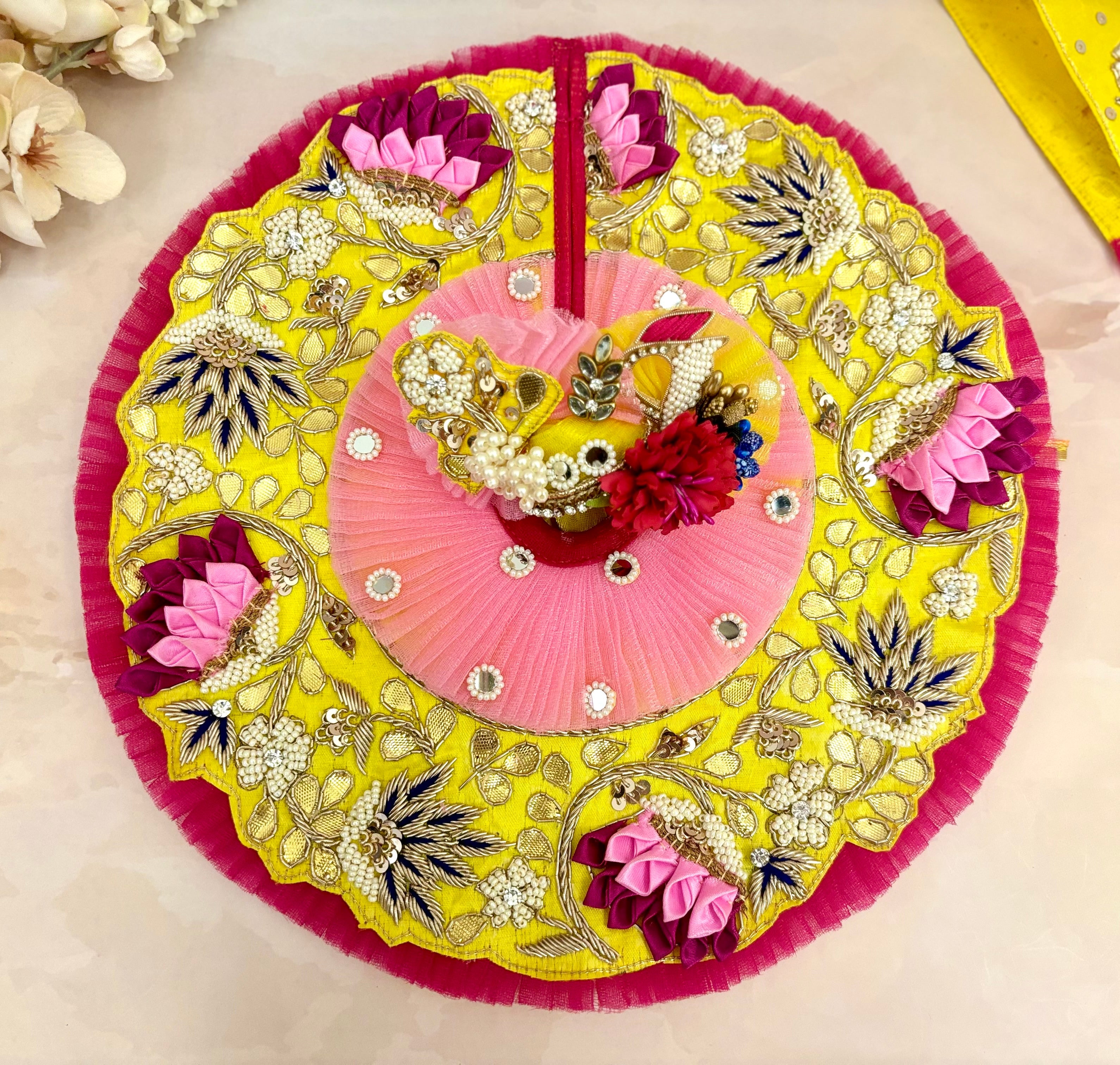 Handmade Luxe Yellow & Pink Laddu Gopal Dress Set - 4 Piece Designer Poshak for Kanha Ji, Bal Gopal & Krishna Ji - Perfect for Janmashtami Festival