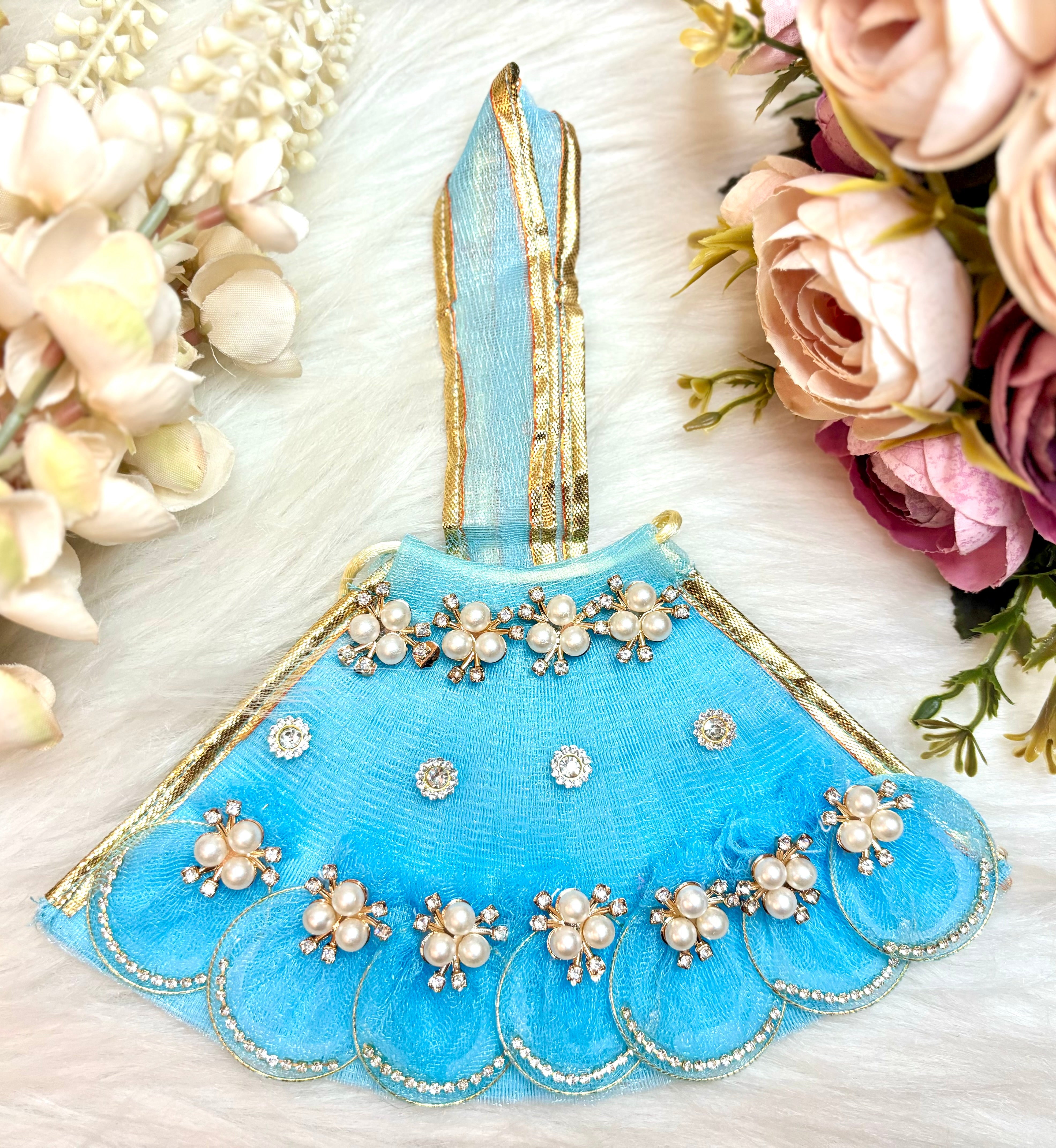 Handmade Mata Rani Skyblue Lehenga Set - 3 Piece Choli & Dupatta for Laddu Gopal Dress, Kanha Ji Poshak, Bal Gopal Dress for Janmashtami Festival