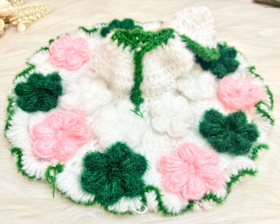 Handmade Green & Pink Flower Laddu Gopal Dress | Designer Kanha Ji Poshak for Janmashtami | Fancy Bal Gopal & Krishna Ji Dress