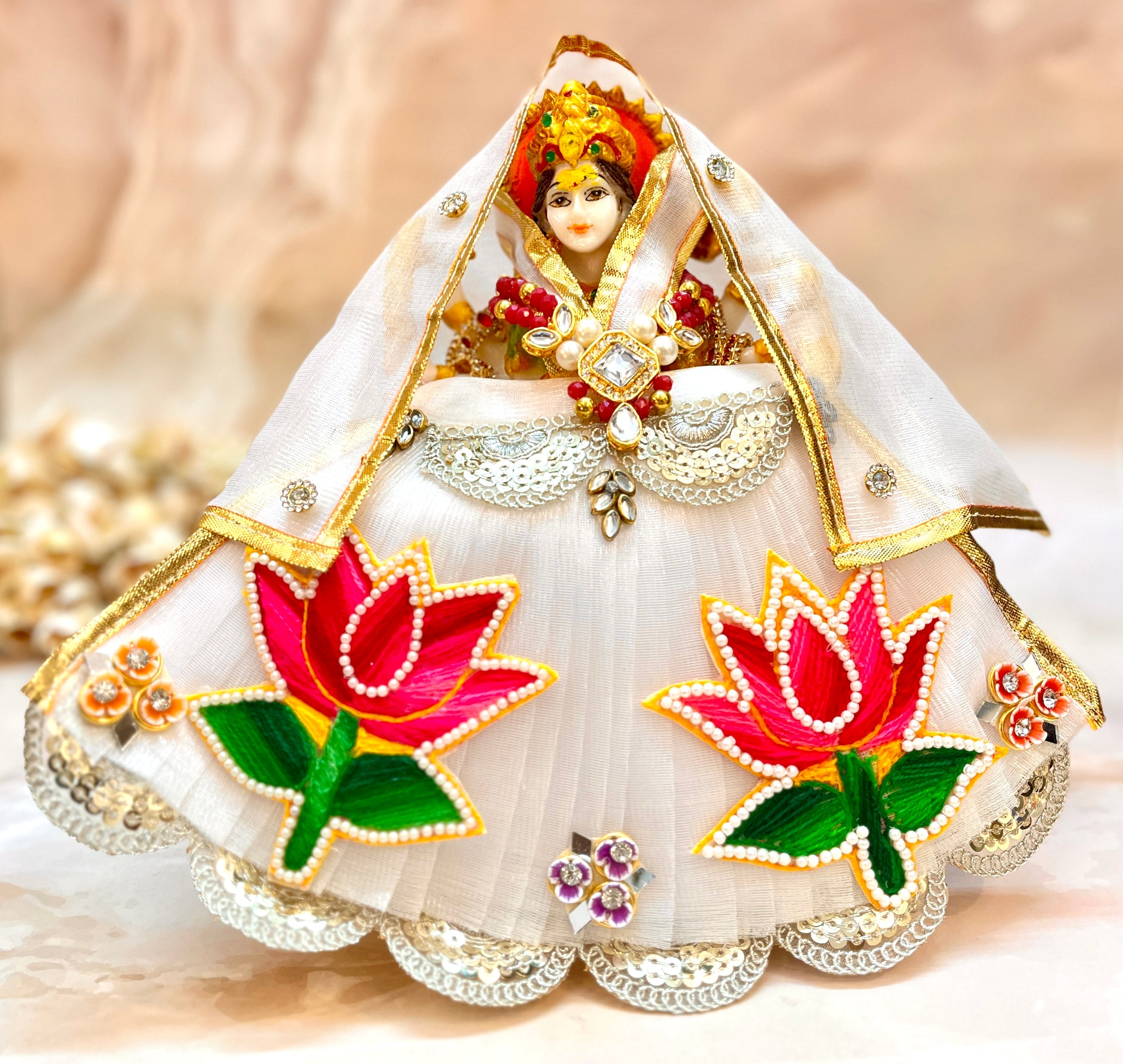 Handmade Designer Mata Rani White & Pink Lotus Lehenga Set - Perfect for Laddu Gopal Dress, Kanha Ji Poshak, Bal Gopal Dress for Janmashtami