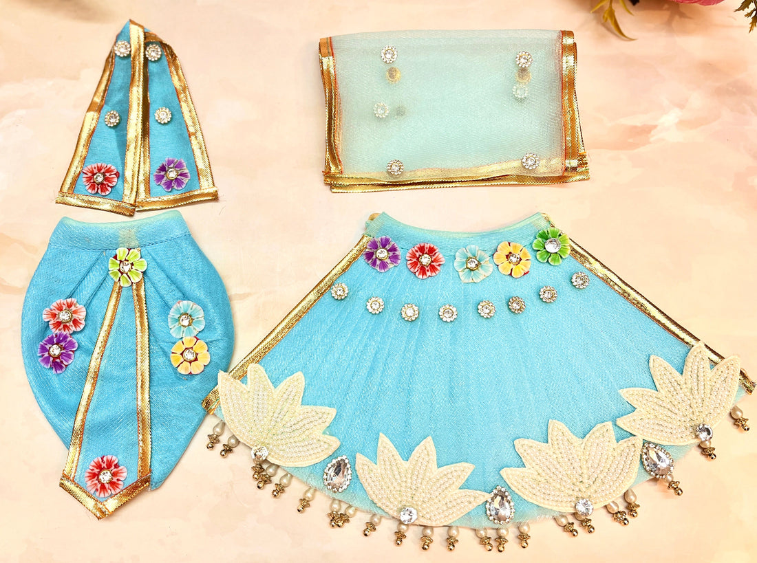 Handmade Pastel Blue Lehenga & Dhoti Set for Laddu Gopal | Designer Kanha Ji Poshak | Fancy Bal Gopal Dress for Janmashtami - 6 Piece Set