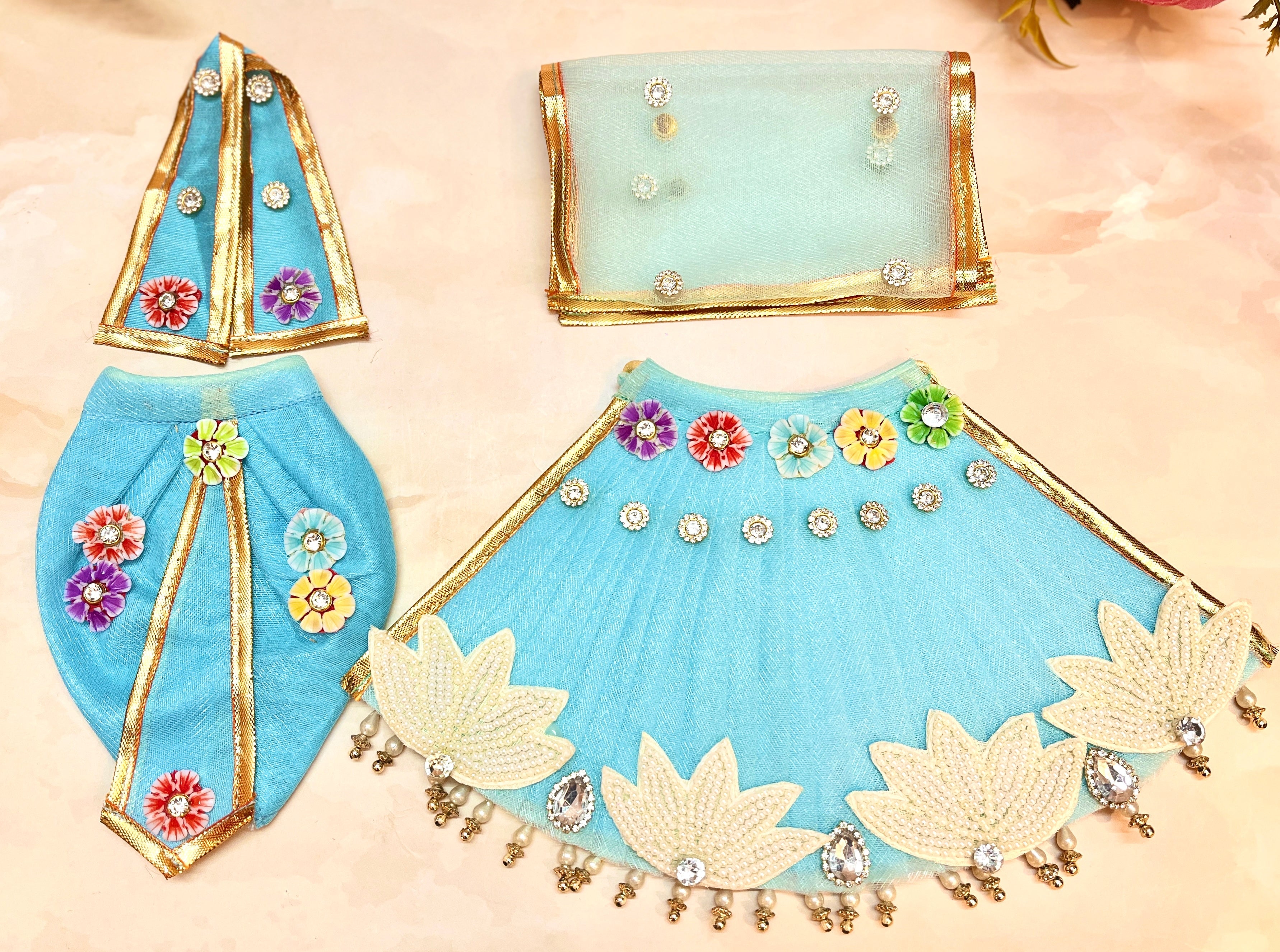 Handmade Pastel Blue Lehenga & Dhoti Set for Laddu Gopal | Designer Kanha Ji Poshak | Fancy Bal Gopal Dress for Janmashtami - 6 Piece Set