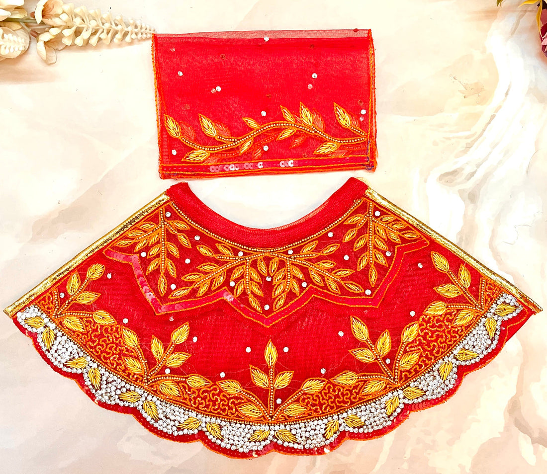 Luxe Handmade Mata Rani Golden Red Leaf Lehenga Set - Designer Choli & Dupatta for Laddu Gopal Dress, Kanha Ji Poshak, Bal Gopal Dress for Janmashtami