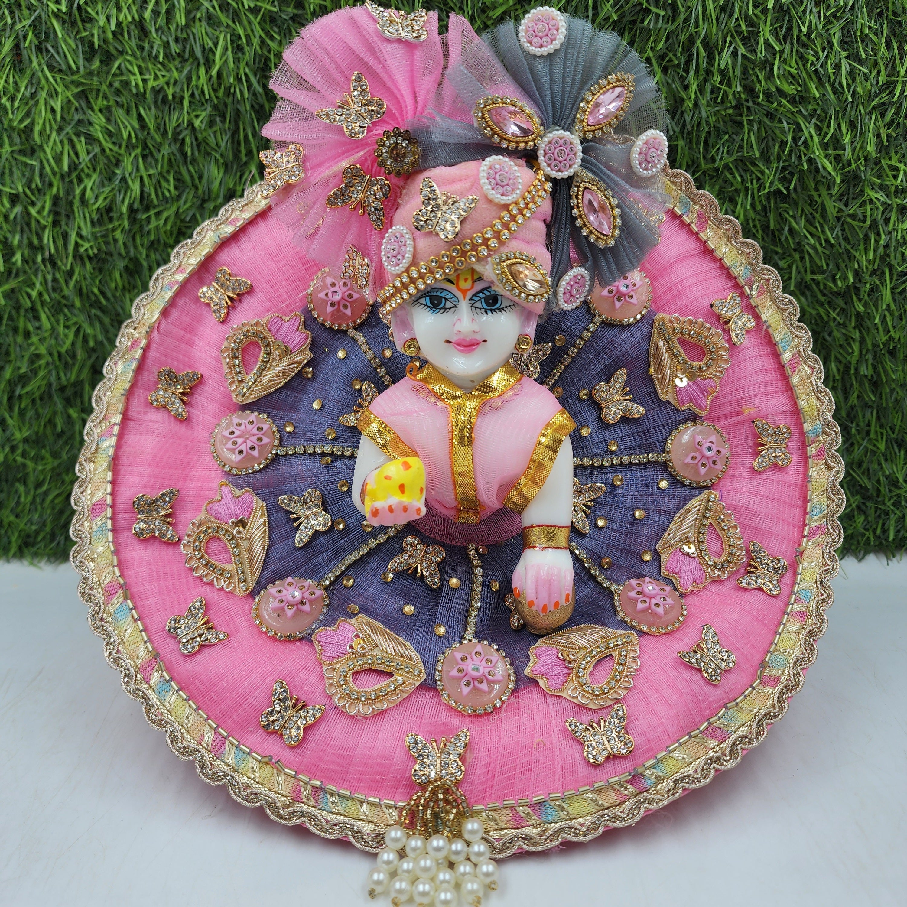 Designer Grey and Pink Heavy Laddu Gopal Dress | Fancy Kanha Ji Poshak for Janmashtami | Comfortable Fabric, Size 0-6 | Unique Bal Gopal Dress