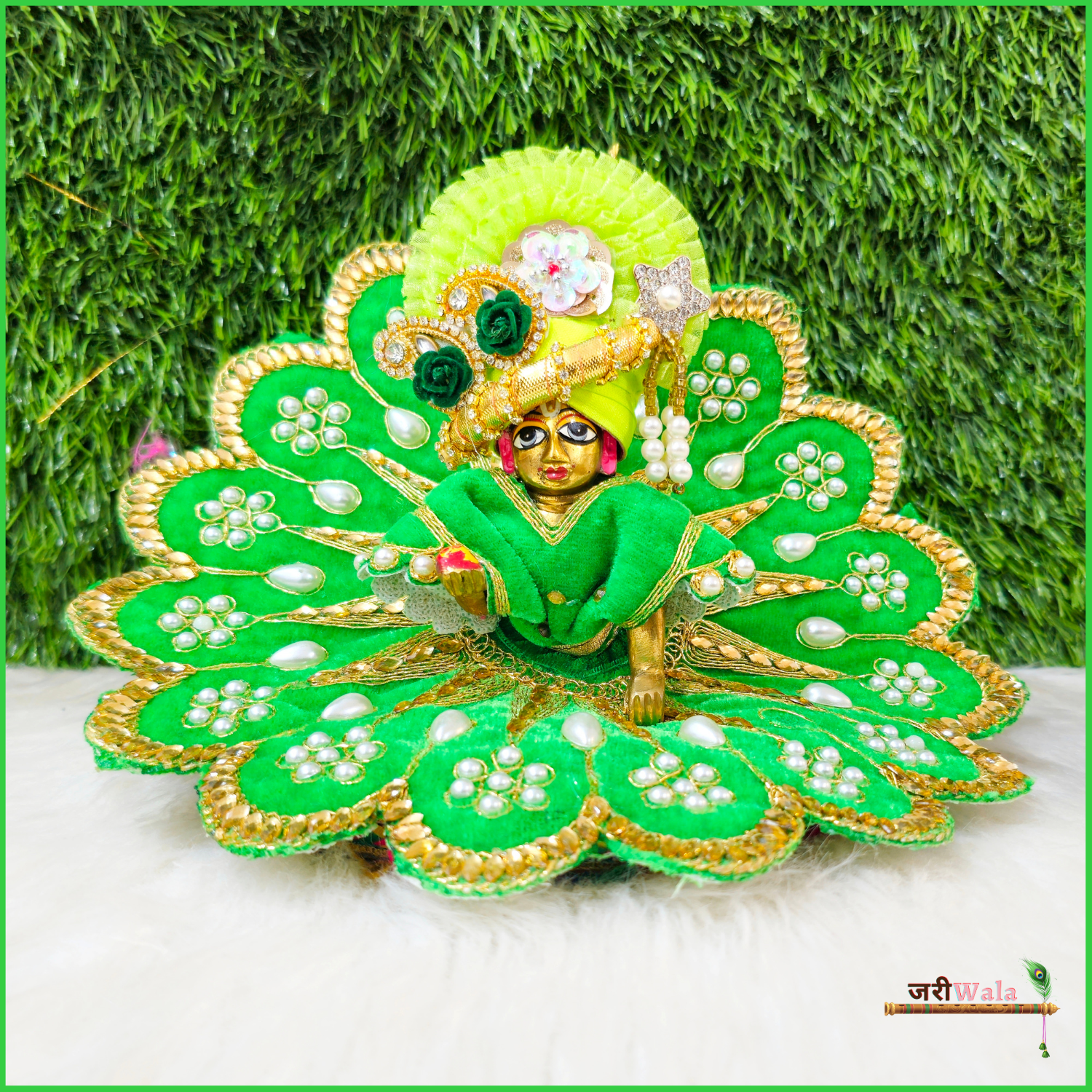 Handmade Designer Green Laddu Gopal Dress with Lace Work & Patka - Perfect for Janmashtami, Kanha Ji Poshak, Bal Gopal Dress