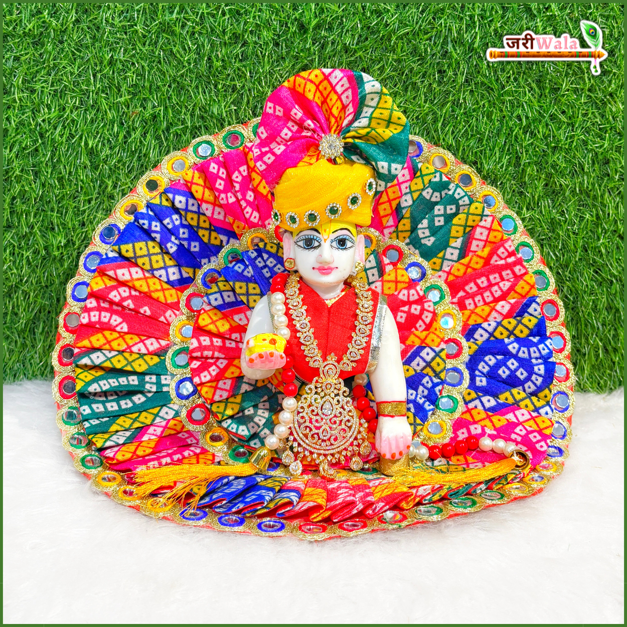 Handmade Multicolor Cotton Frill Chunri Print Laddu Gopal Dress with Pagdi - Designer Kanha Ji Poshak for Janmashtami & Festivals
