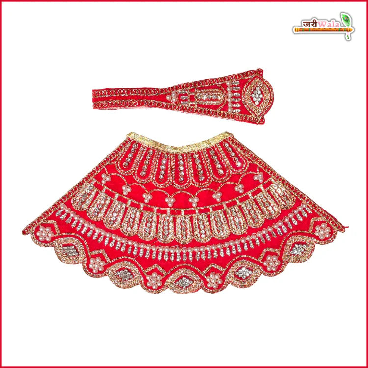 Handmade Designer Red Lehnga Patka with Shaneel Thread & Stone Moti Work - Perfect for Laddu Gopal Dress, Kanha Ji Poshak, and Janmashtami Celebrations