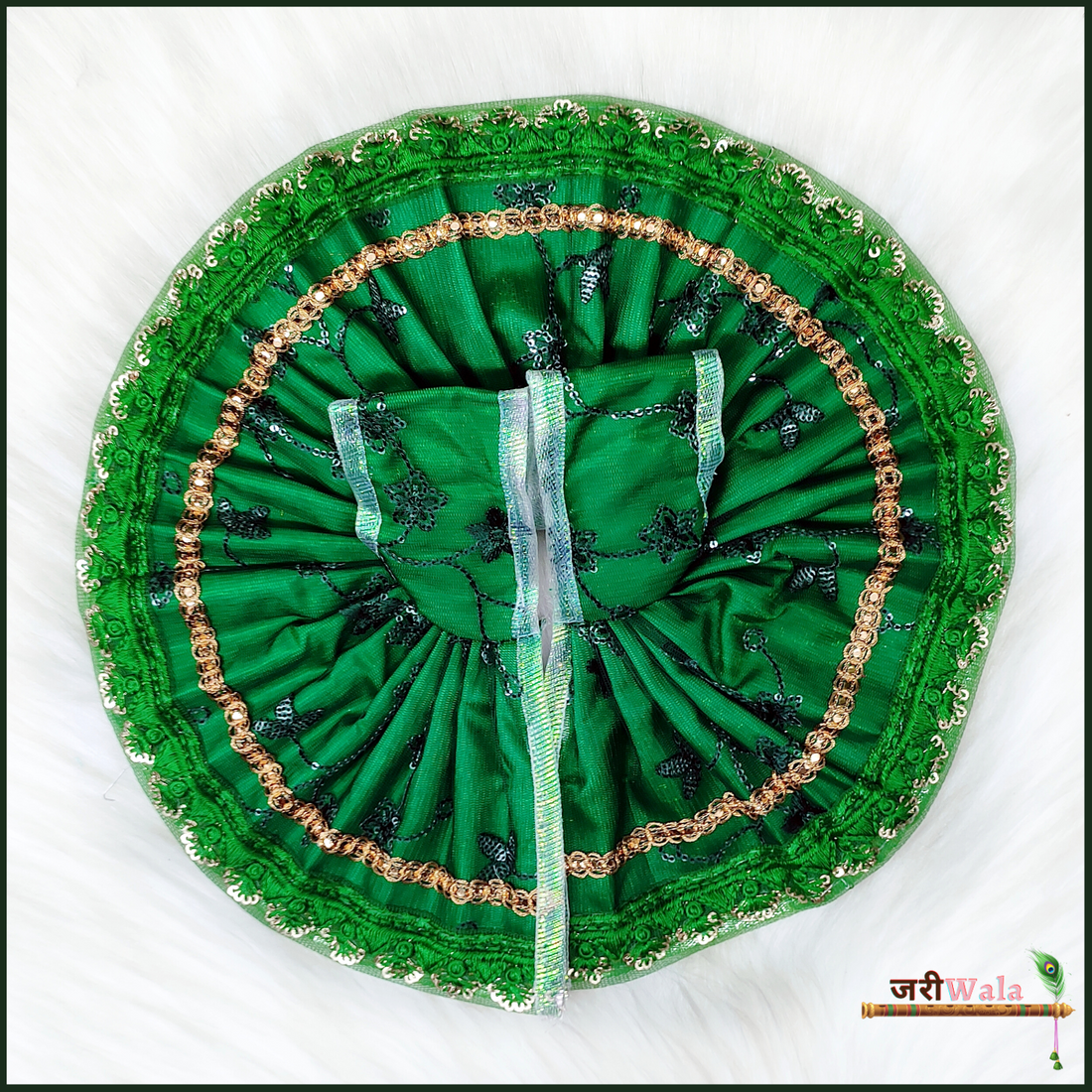 Handmade Green Blended Net Thread Lace Work Laddu Gopal Dress | Designer Kanha Ji Poshak for Janmashtami | Fancy Bal Gopal & Krishna Ji Dress