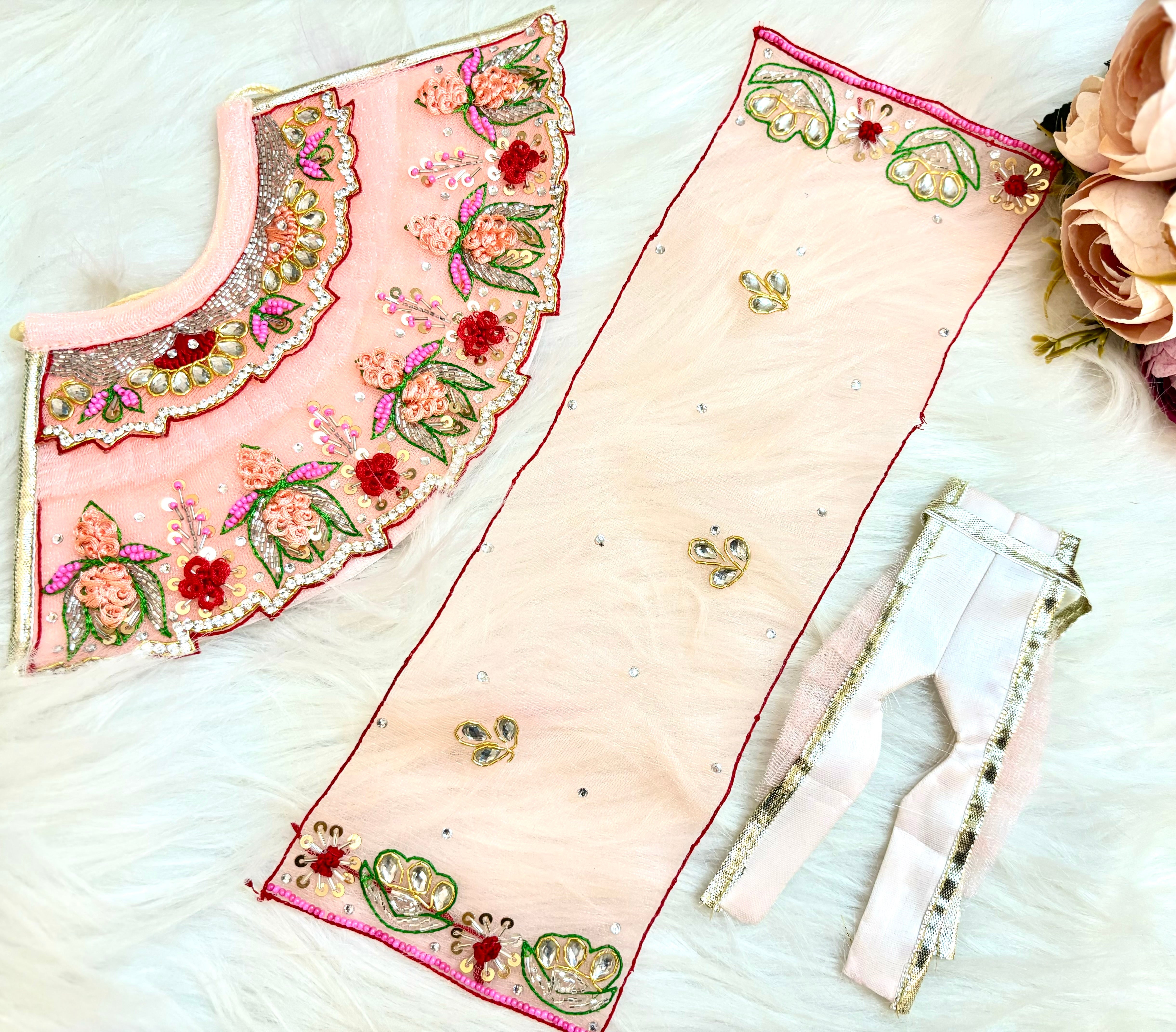 Designer Peach Lotus Lehenga & Dhoti Set for Laddu Gopal - 6 Piece Kanha Ji Poshak, Bal Gopal Dress for Janmashtami Festival - Handmade Fancy Outfit