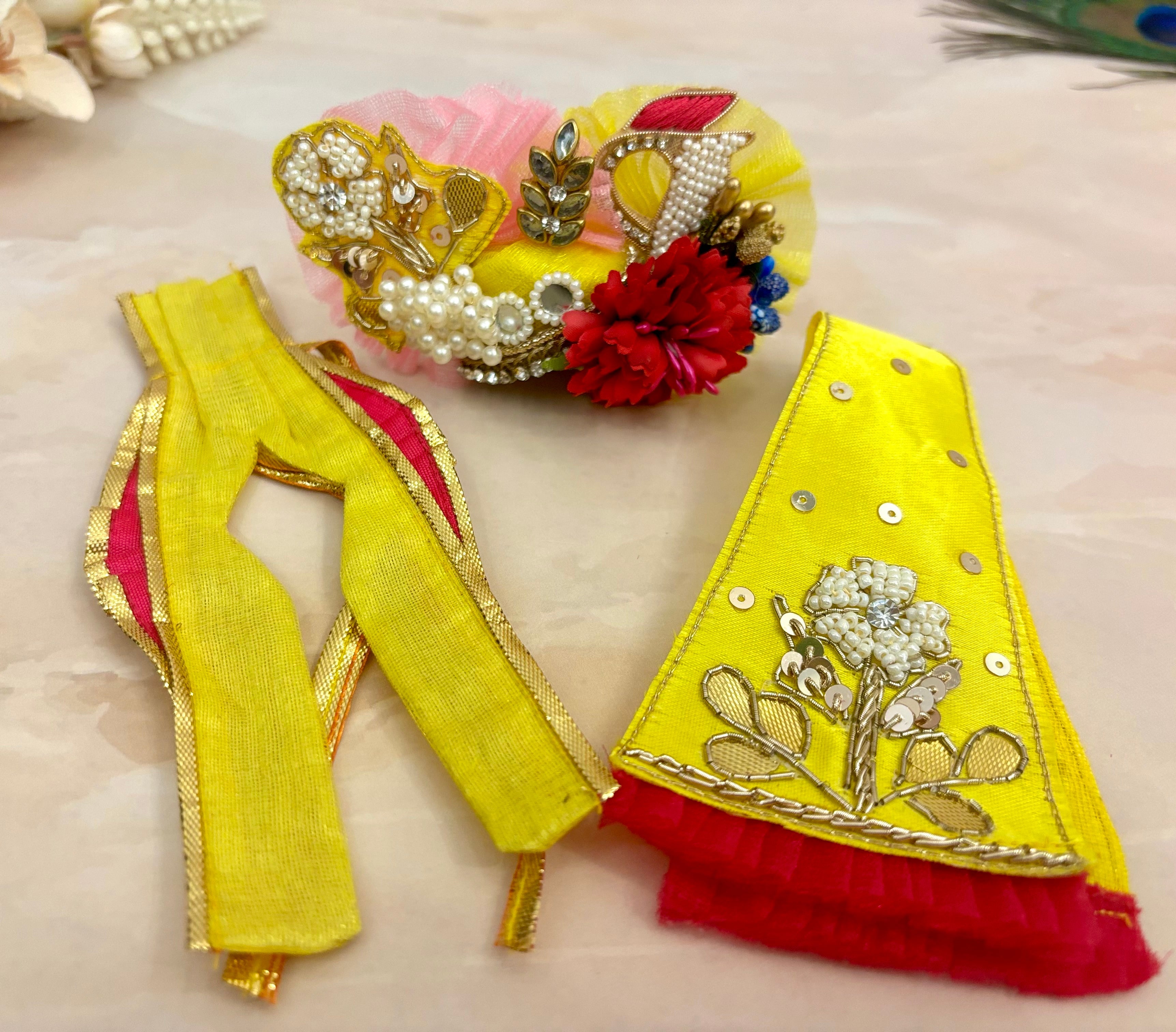 Handmade Luxe Yellow & Pink Laddu Gopal Dress Set - 4 Piece Designer Poshak for Kanha Ji, Bal Gopal & Krishna Ji - Perfect for Janmashtami Festival