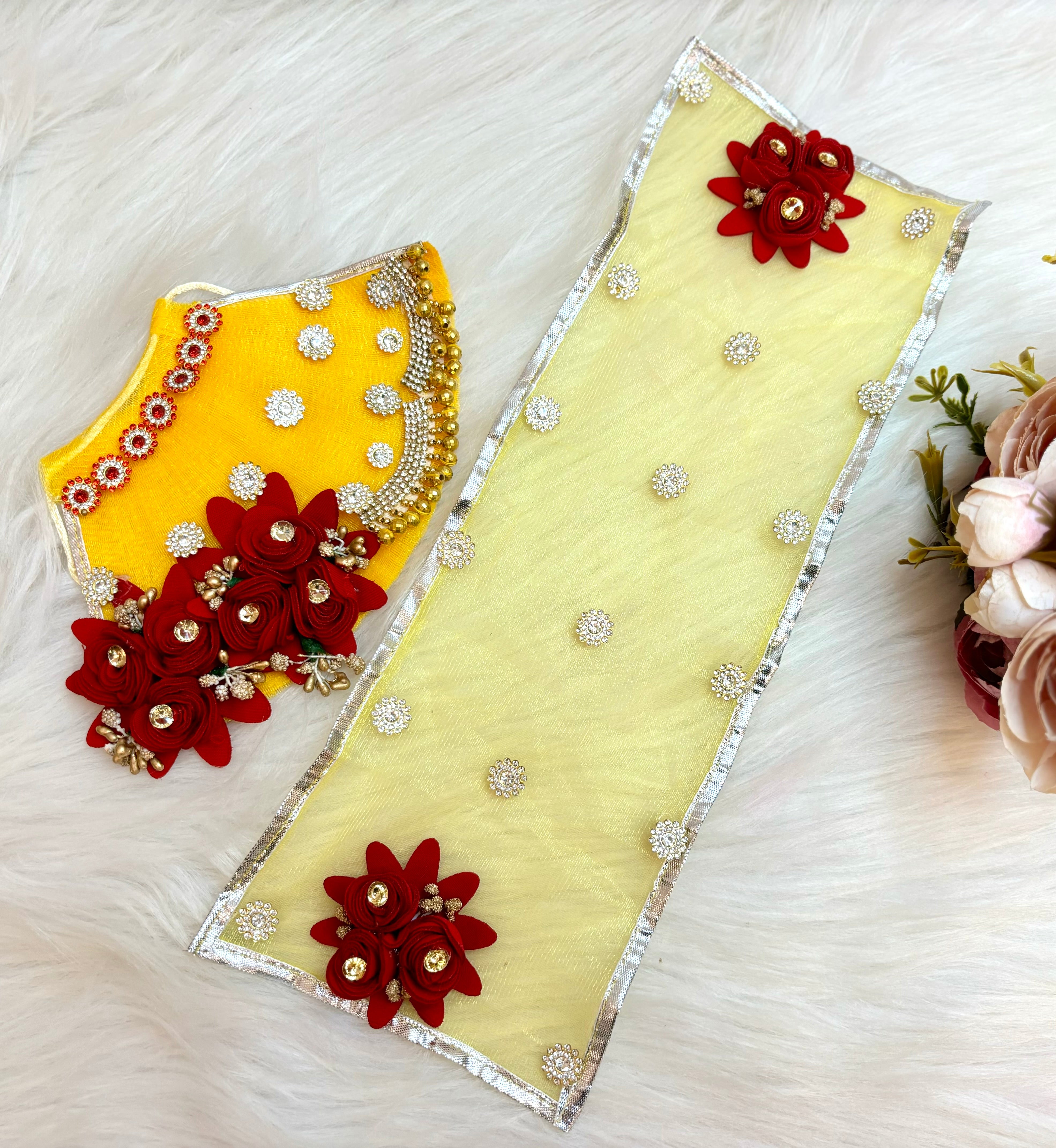 Handmade Designer Yellow & Maroon Flower Lehenga & Dhoti Set for Laddu Gopal, Kanha Ji, Bal Gopal & Krishna Ji - 7 Piece Festival Dress for Janmashtami