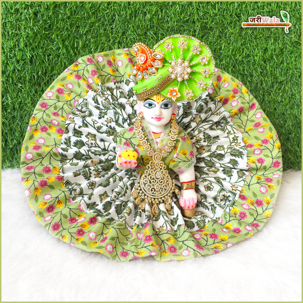 Handmade Cotton Floral Print Green Laddu Gopal Poshak - Designer Kanha Ji Dress for Janmashtami, Fancy Bal Gopal Dress, Krishna Ji Poshak