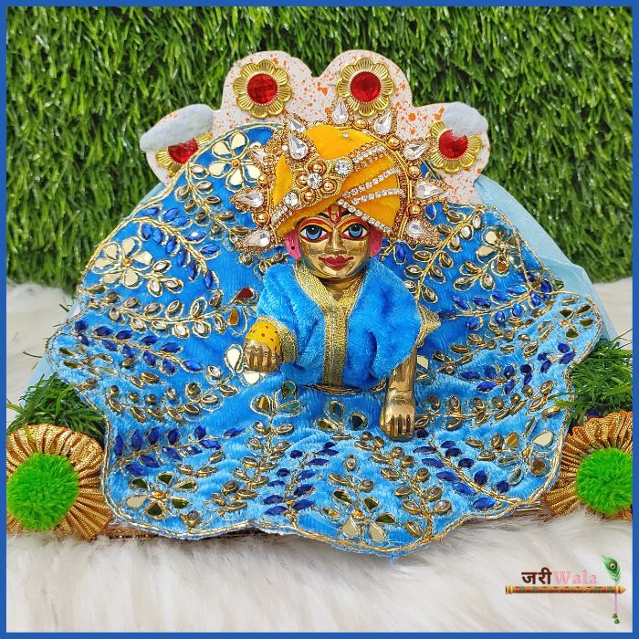 Handmade Designer Shiny Blue Laddu Gopal Dress with Kundan Work - Fancy Kanha Ji Poshak for Janmashtami & Festivals - Bal Gopal & Krishna Ji Dress