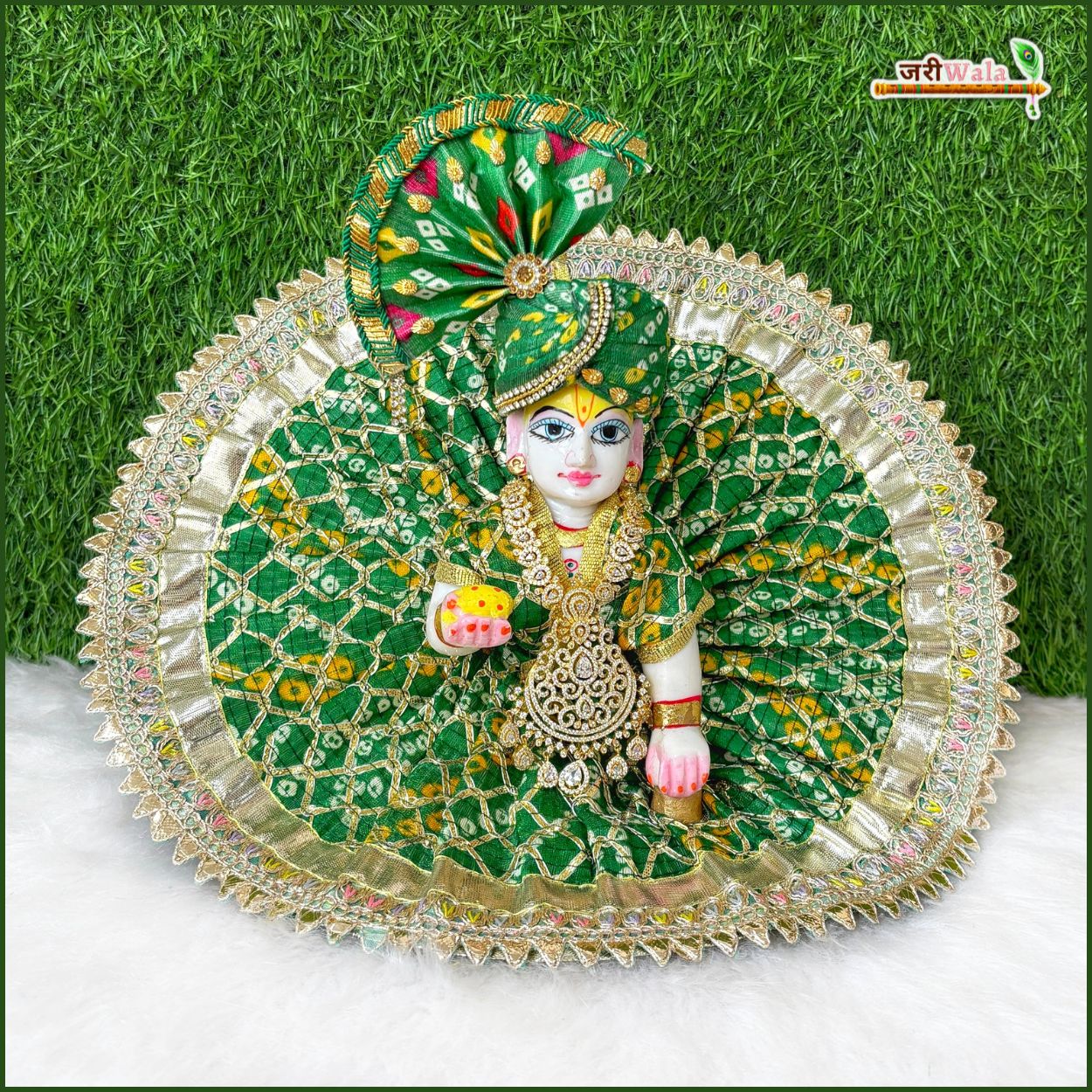 Handmade Bandhej Lace Work Green Laddu Gopal Dress | Designer Kanha Ji Poshak for Janmashtami | Fancy Bal Gopal & Krishna Ji Dress