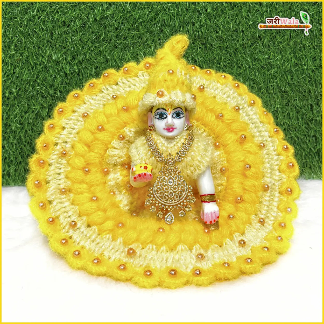 Handmade Woolen Fancy Yellow & Cream Laddu Gopal Dress | Designer Kanha Ji Poshak for Janmashtami | Bal Gopal & Krishna Ji Dress