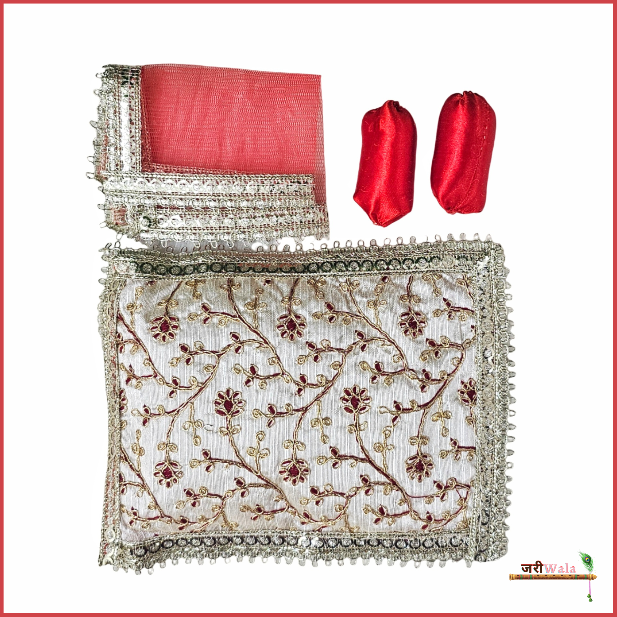 Cotton Thread Work 4 Piece Gadda Takia Set Red