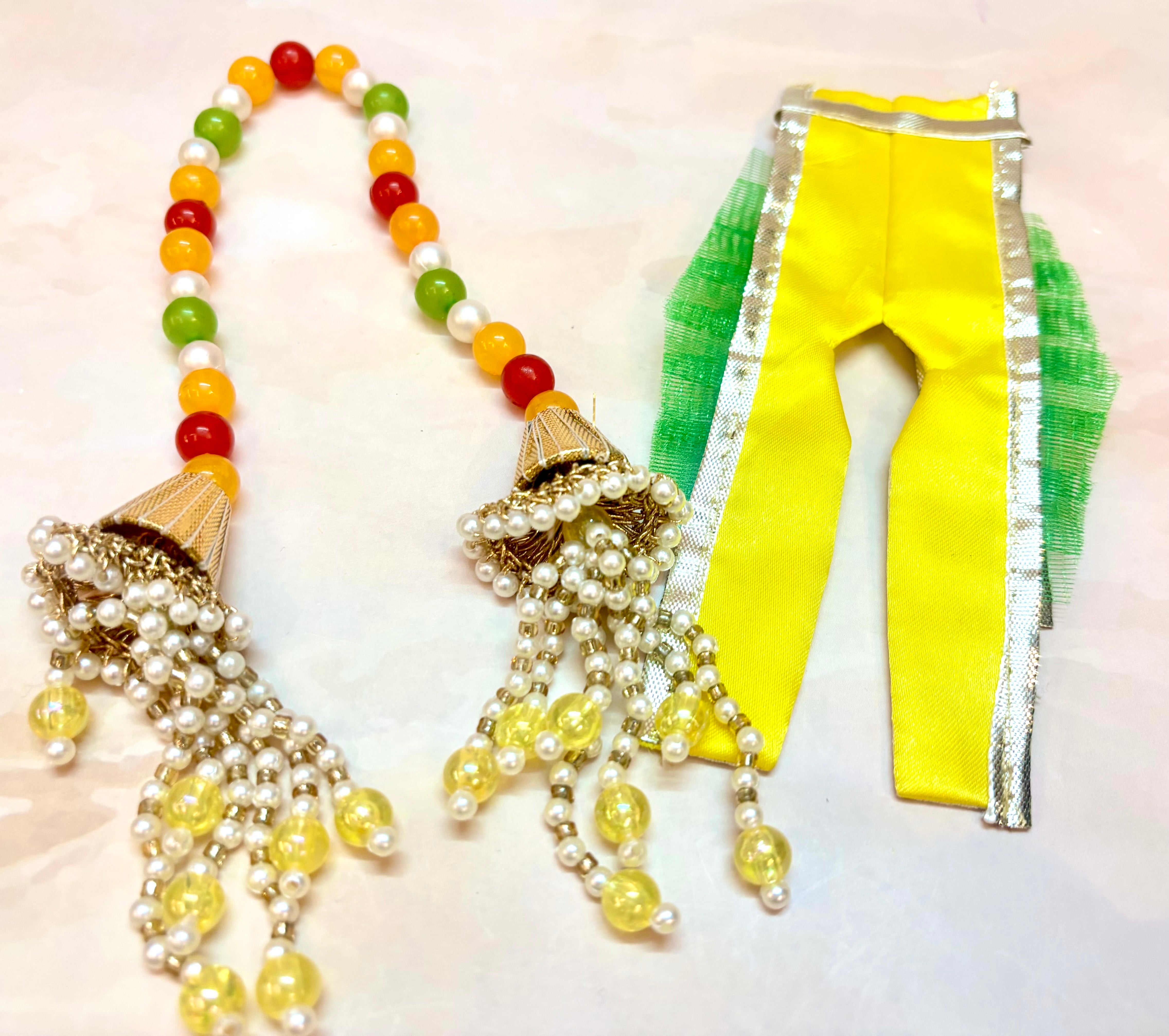 Luxe Handmade Yellow Pearl Hand Embroidered Laddu Gopal Dress Set - Designer Kanha Ji Poshak for Janmashtami & Festivals | Bal Gopal Fancy Dress