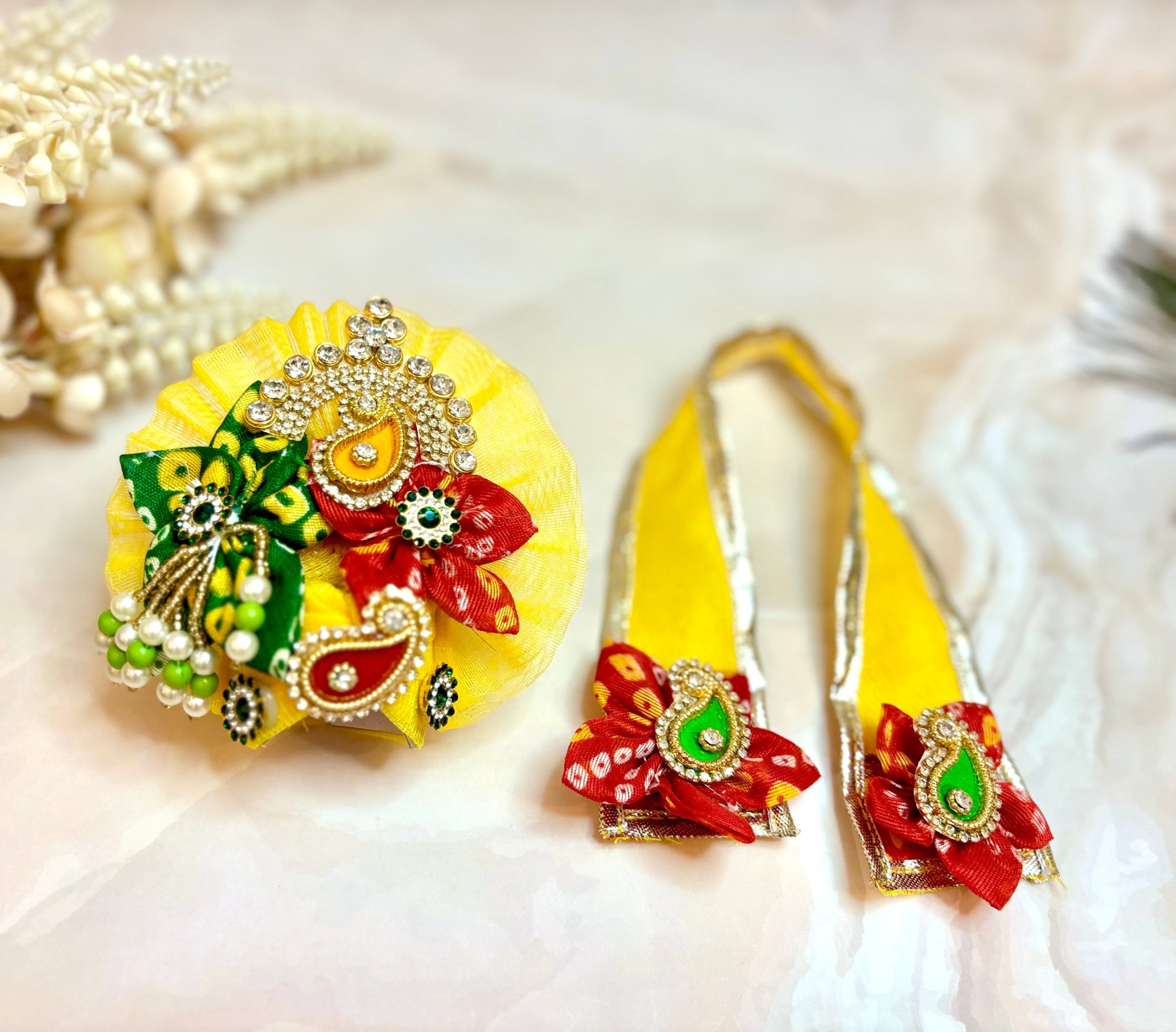 Handmade Yellow & Red Bandhej Laddu Gopal Dress Set - 4 Piece Designer Poshak for Kanha Ji, Bal Gopal & Krishna Ji - Perfect for Janmashtami Festival