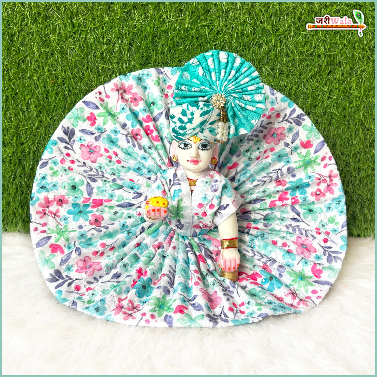 Handmade Sea Green Floral Print Laddu Gopal Dress | Designer Kanha Ji Poshak for Janmashtami | Fancy Bal Gopal Dress | Krishna Ji Outfit