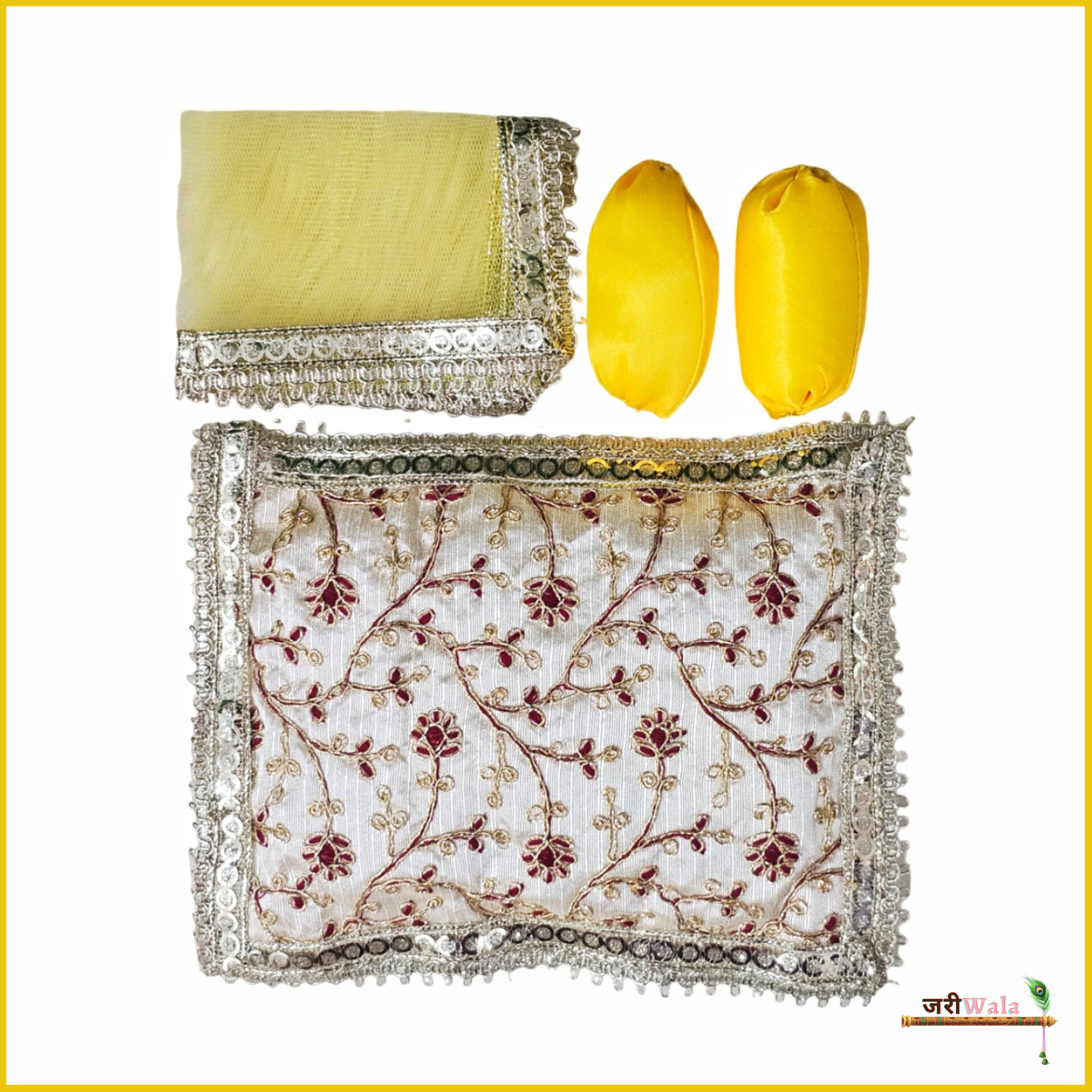 Cotton Thread Work 4 Piece Gadda Takia Set Yellow