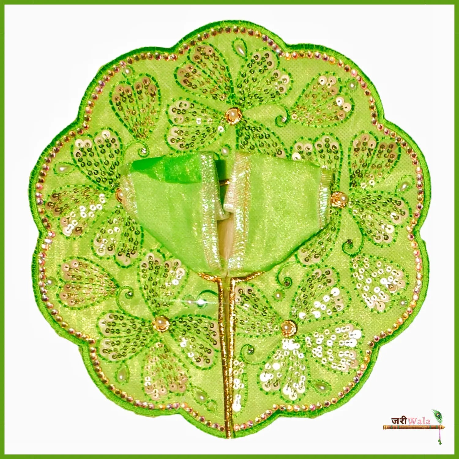 Handmade Designer Blended Thread Green Poshak with Sitara Stone Work for Laddu Gopal, Kanha Ji, Bal Gopal & Krishna Ji - Perfect for Janmashtami Festival